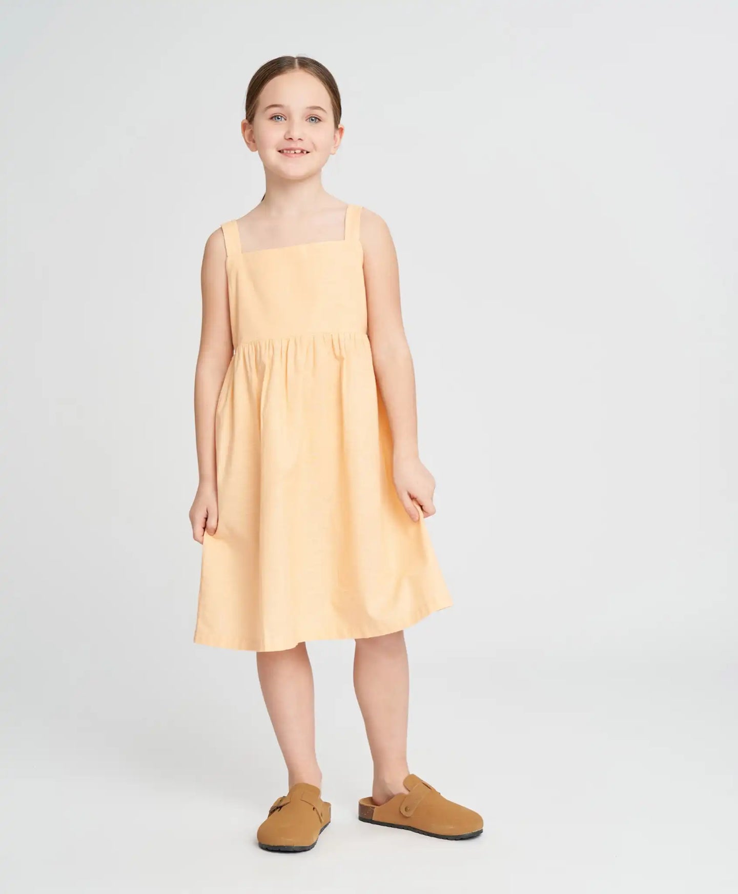 Sărafan din in cu bretele subțiri pentru fete, portocaliu, cu fundiță Button Blue