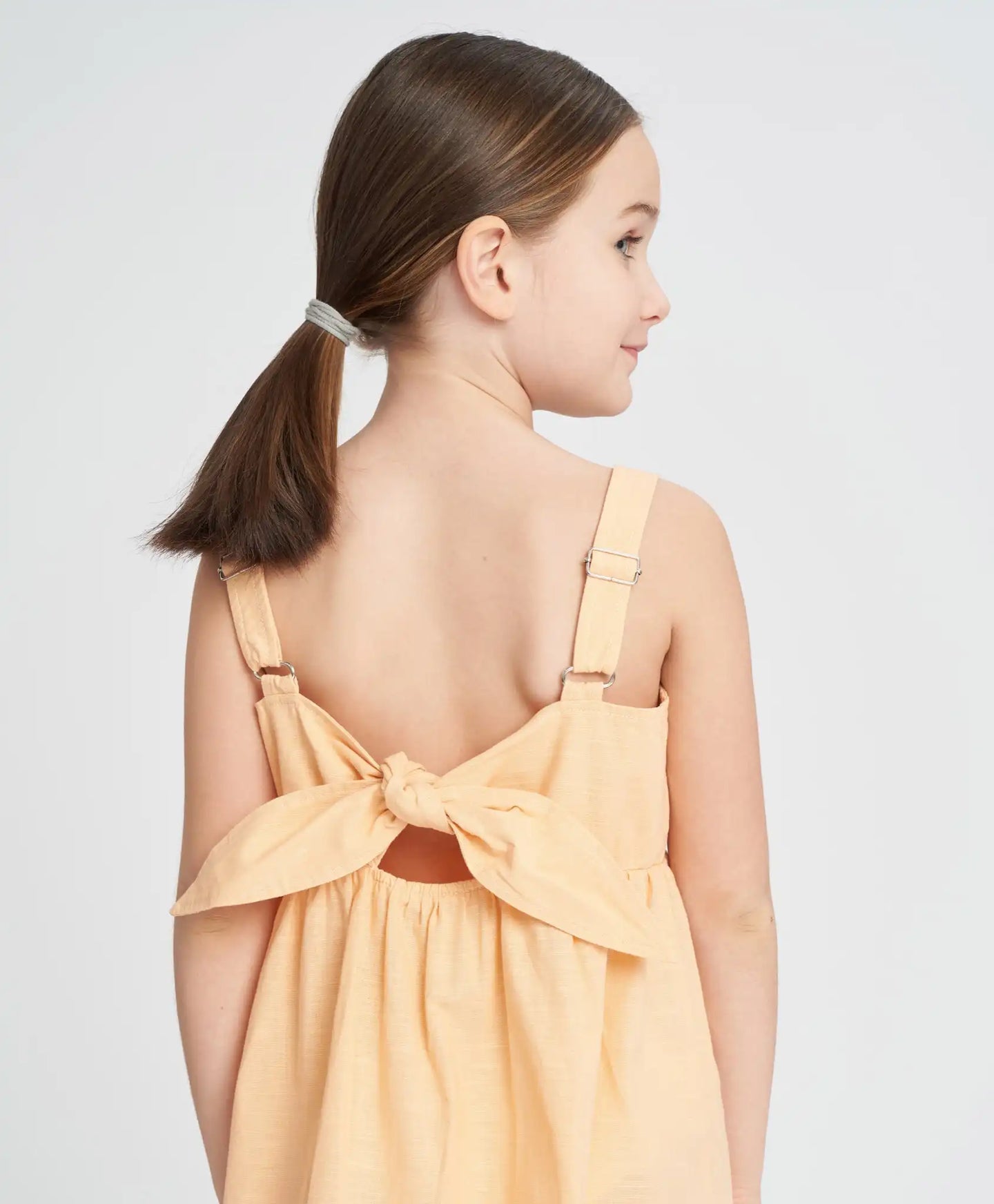 Sărafan din in cu bretele subțiri pentru fete, portocaliu, cu fundiță Button Blue