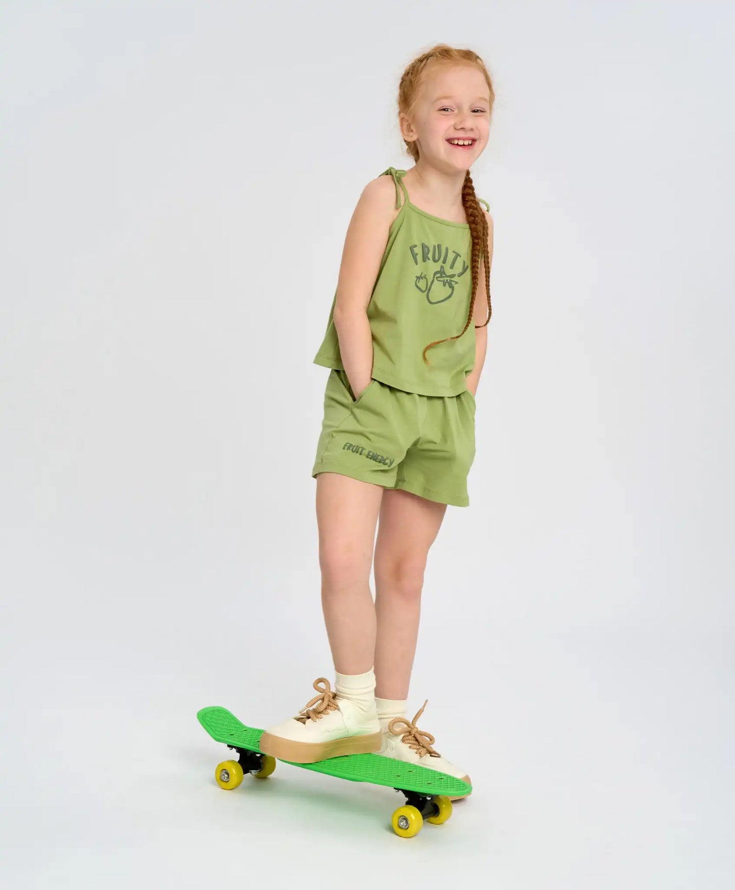 Pantaloni scurți pentru fată, verzi, ușori, cu talie elastică și imprimeu, Button Blue