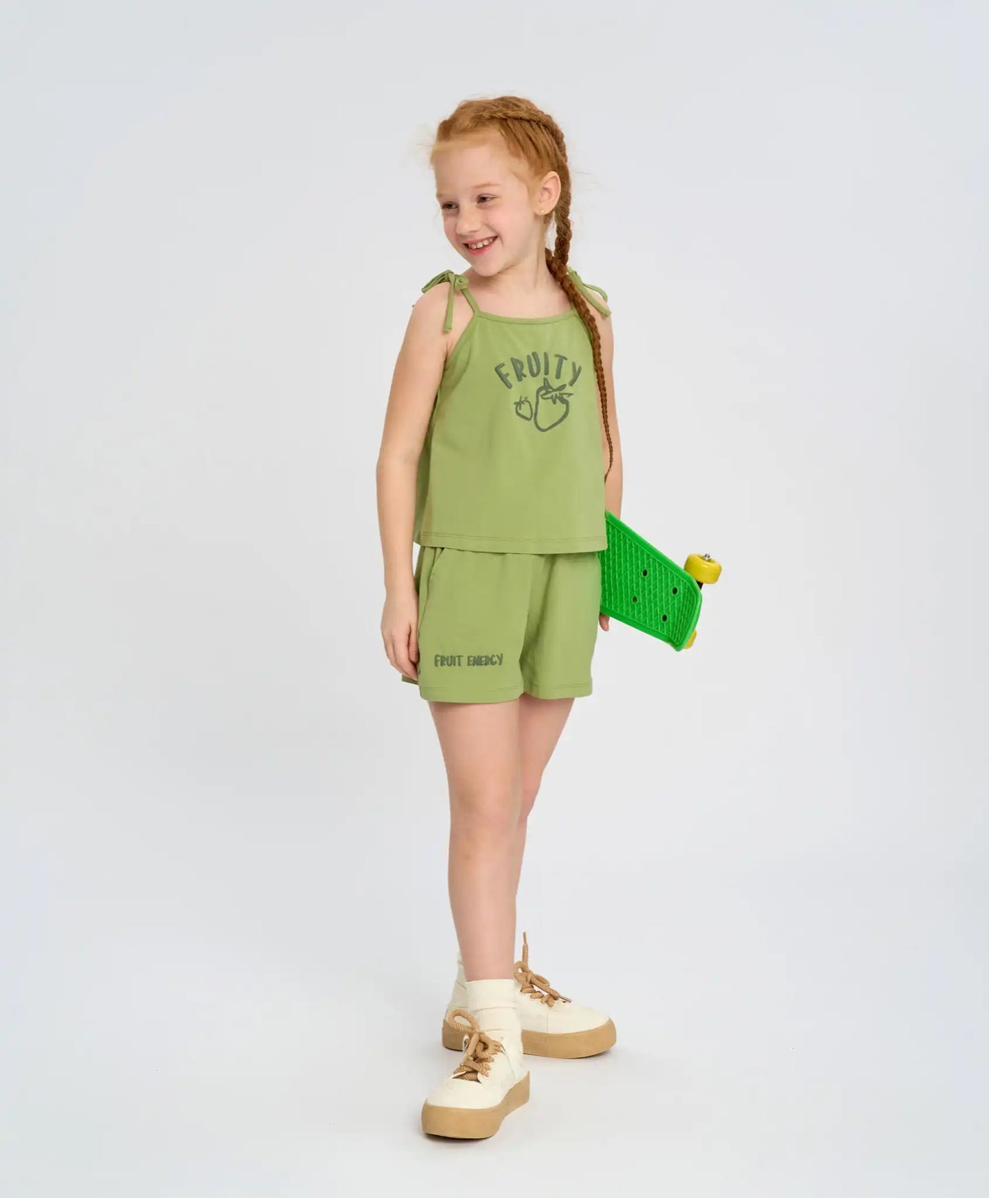 Pantaloni scurți pentru fată, verzi, ușori, cu talie elastică și imprimeu, Button Blue