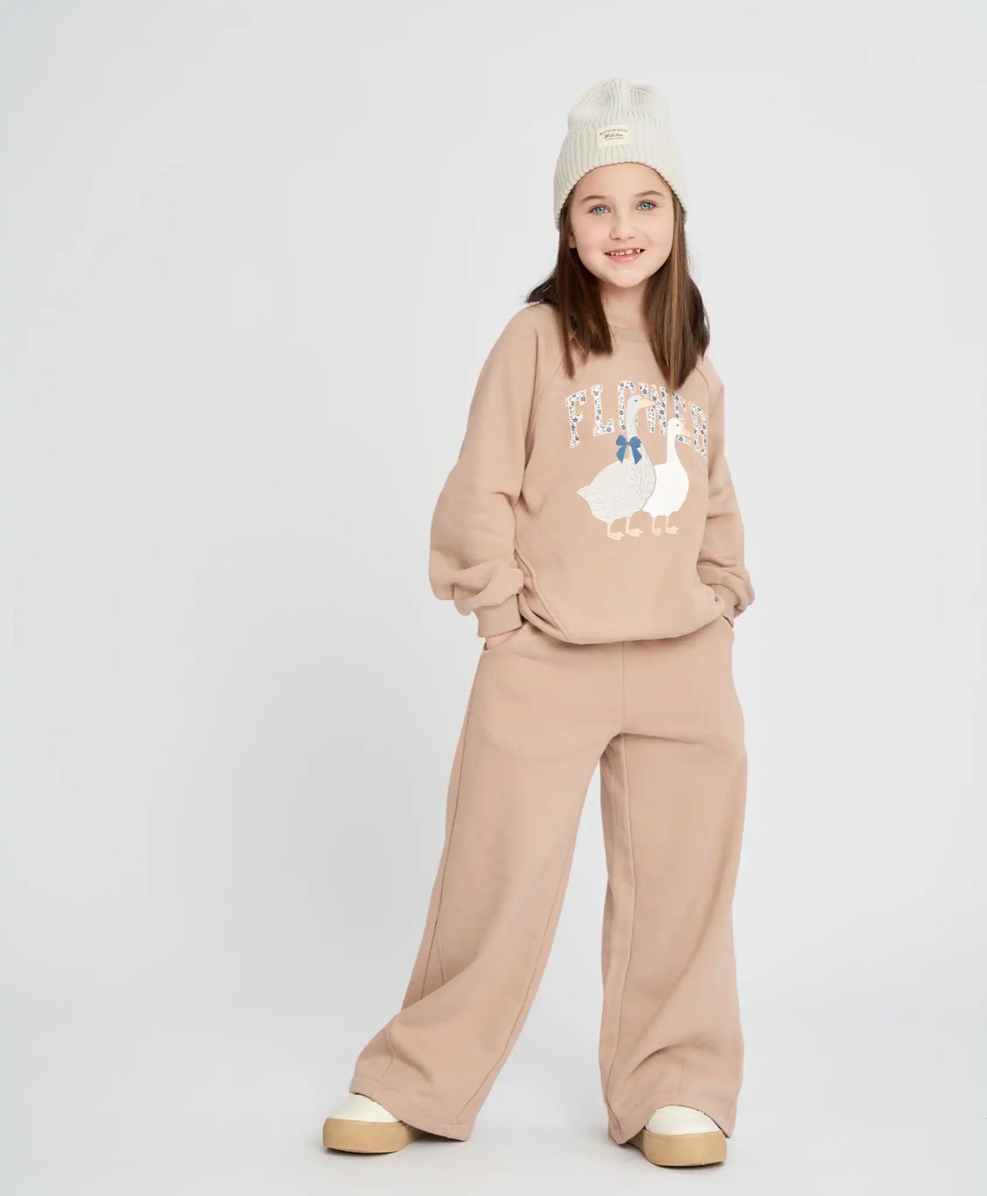 Pantaloni palazzo pentru fată, bej, cu talie elastică, Button Blue