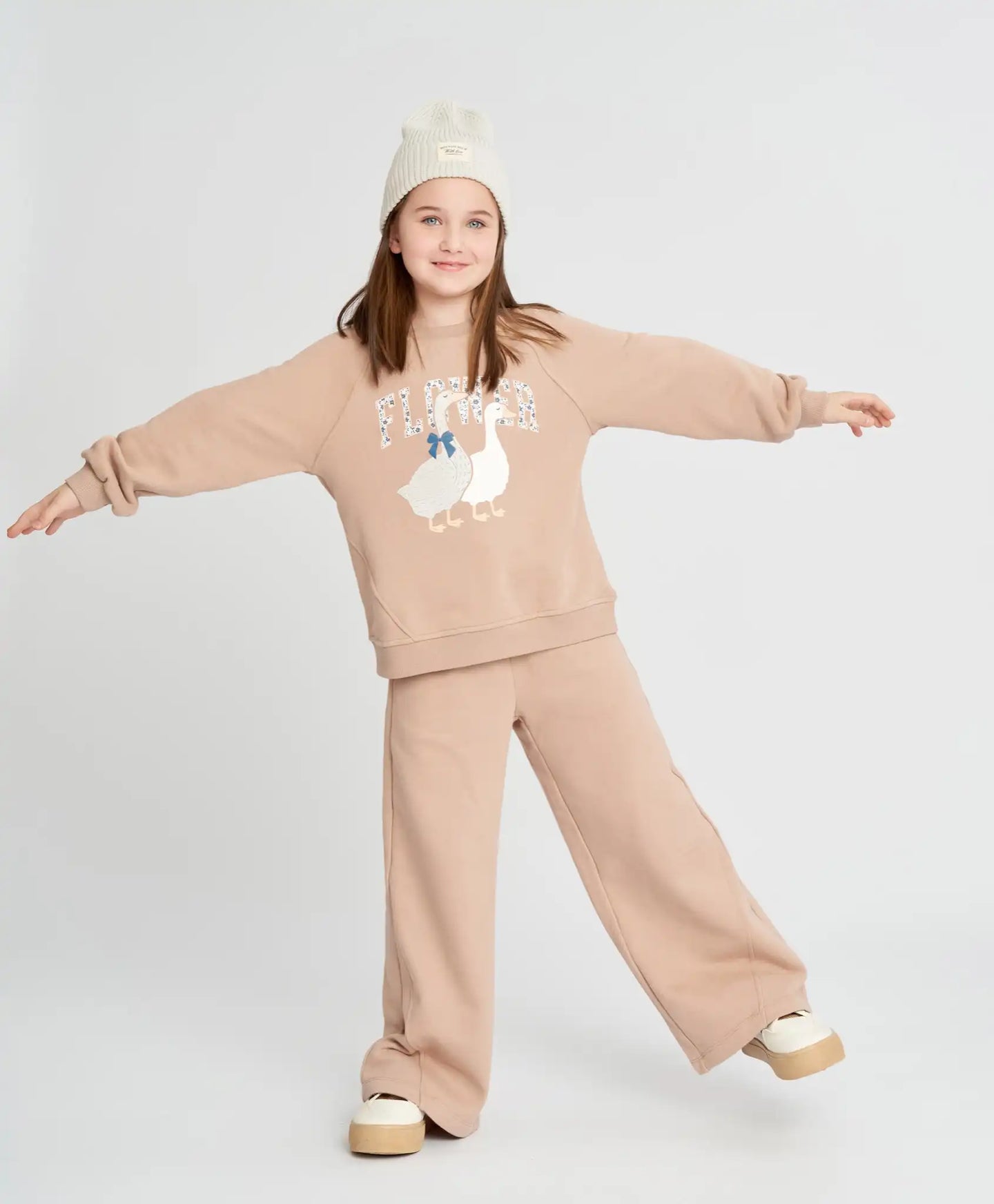 Pantaloni palazzo pentru fată, bej, cu talie elastică, Button Blue