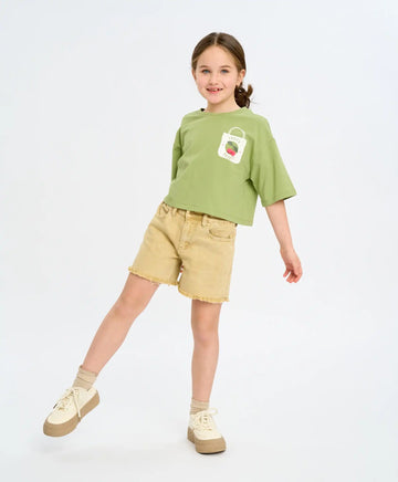 Pantaloni scurți din denim pentru fată, alb-lăptos, cu talie elastică și franjuri, Button Blue