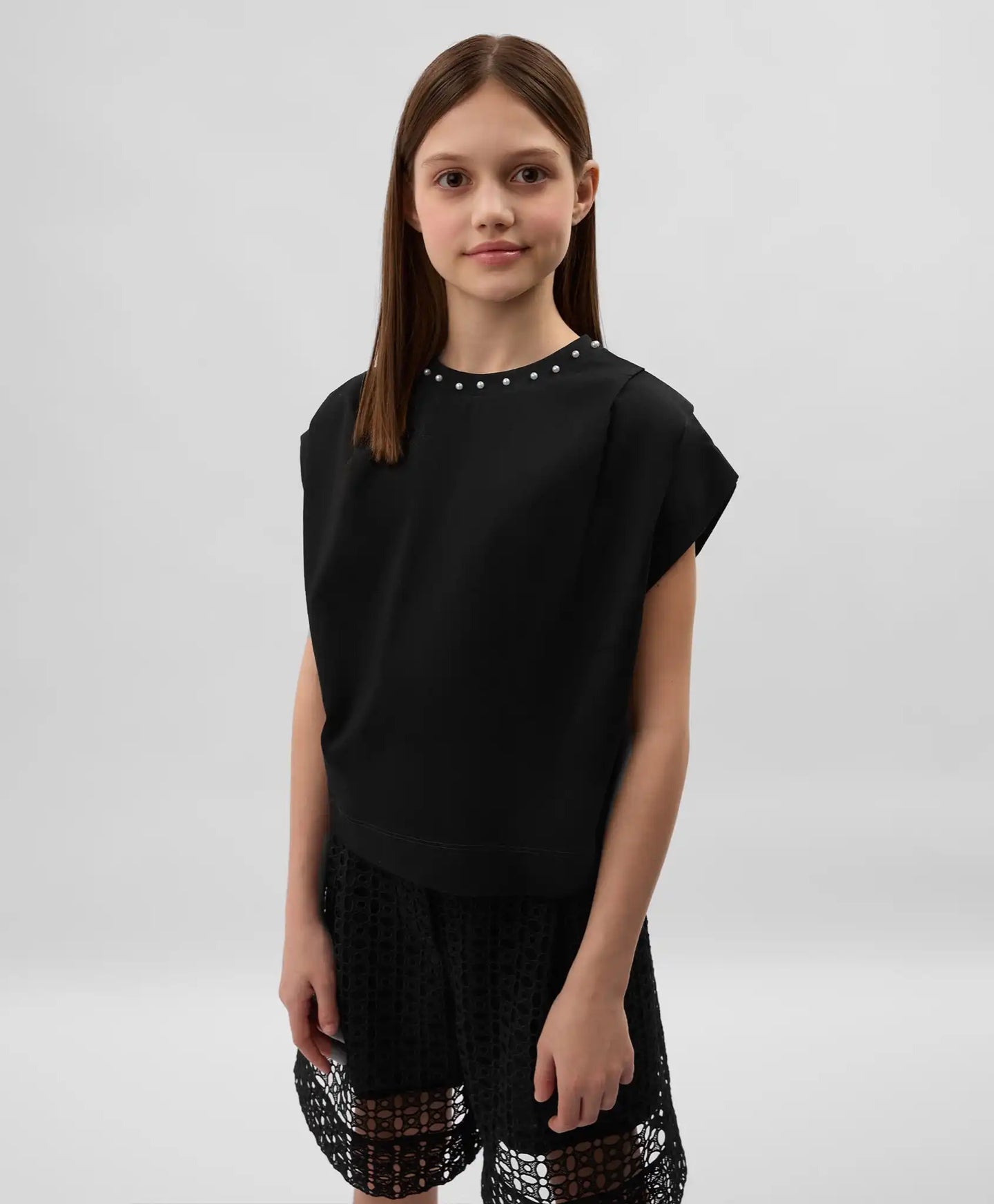 Tricou cu mânecă lungă din interlock mercerizat cu mărgele perlate, negru, Gulliver