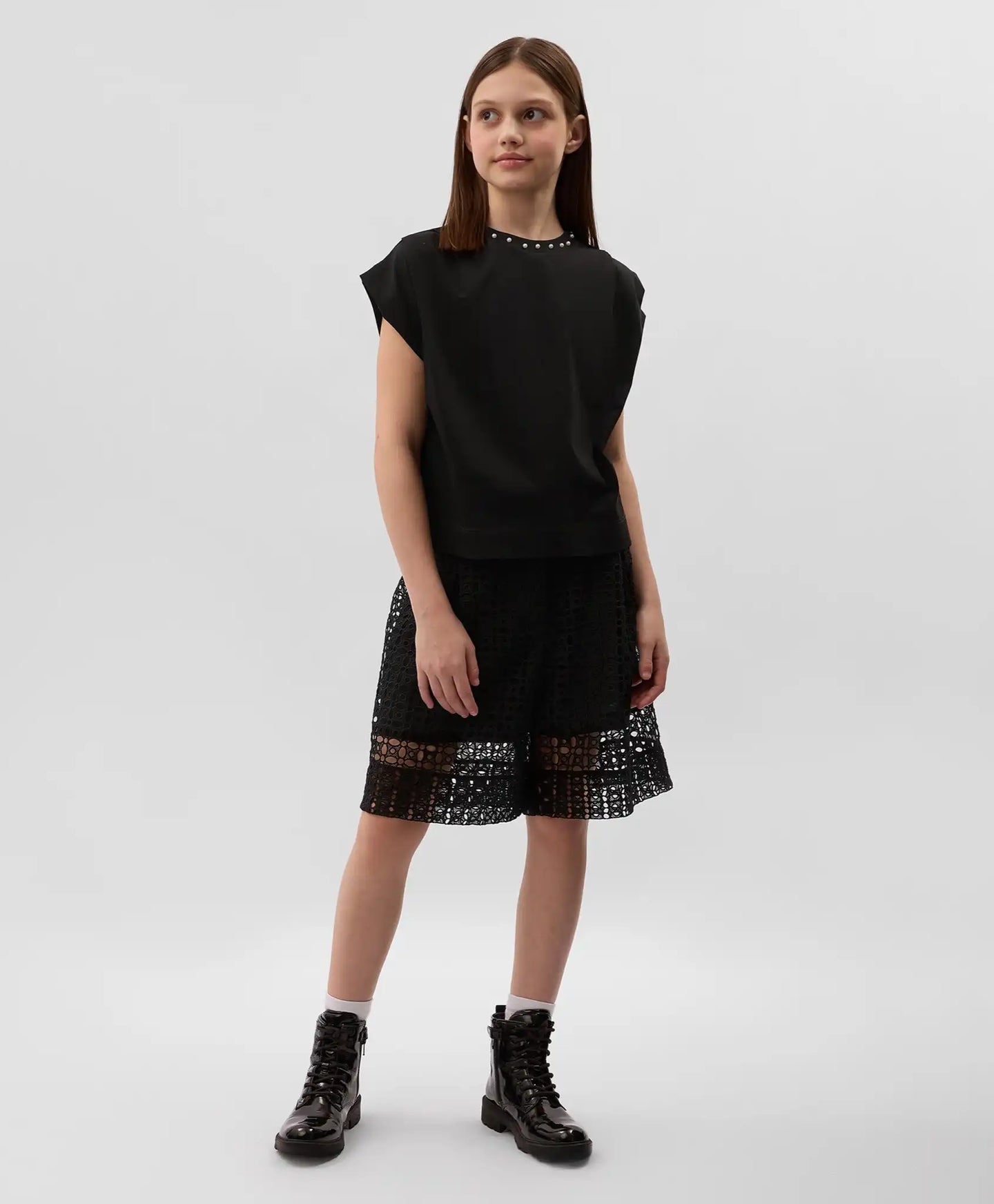 Tricou cu mânecă lungă din interlock mercerizat cu mărgele perlate, negru, Gulliver