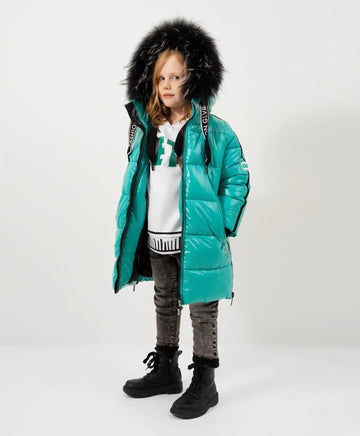 Palton de iarnă din material de ploaie lucios, cu fermoar lateral, turcoaz, Gulliver