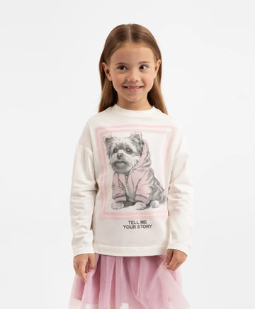 Longsleeve cu decorație mare crem pentru fete Gulliver