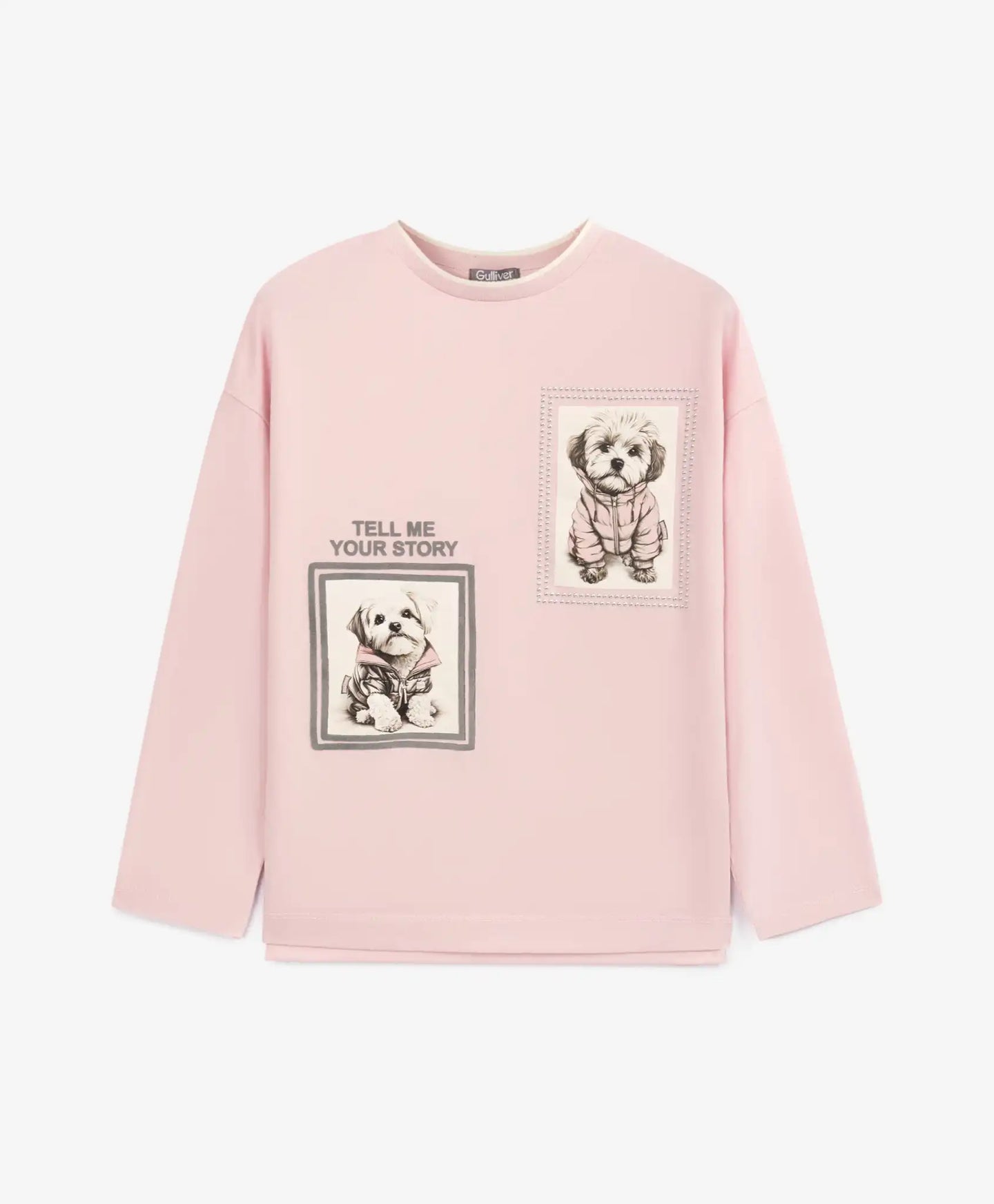 Longsleeve cu decorație expresivă roz pentru fete Gulliver
