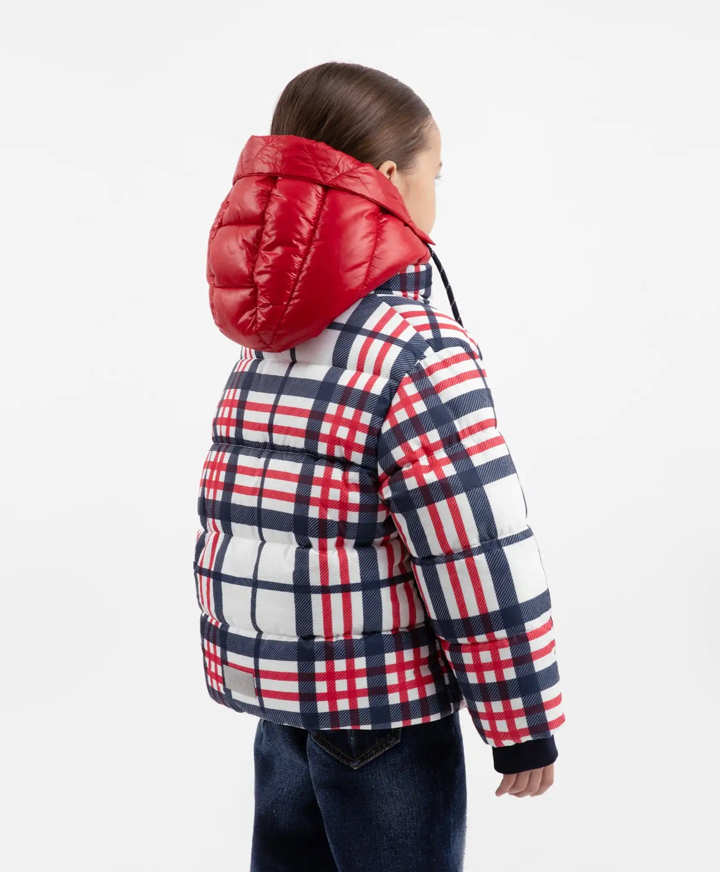 Geacă semilung cu căptușeală matlasată și guler detașabil cu glugă în carouri pentru fete, Gulliver