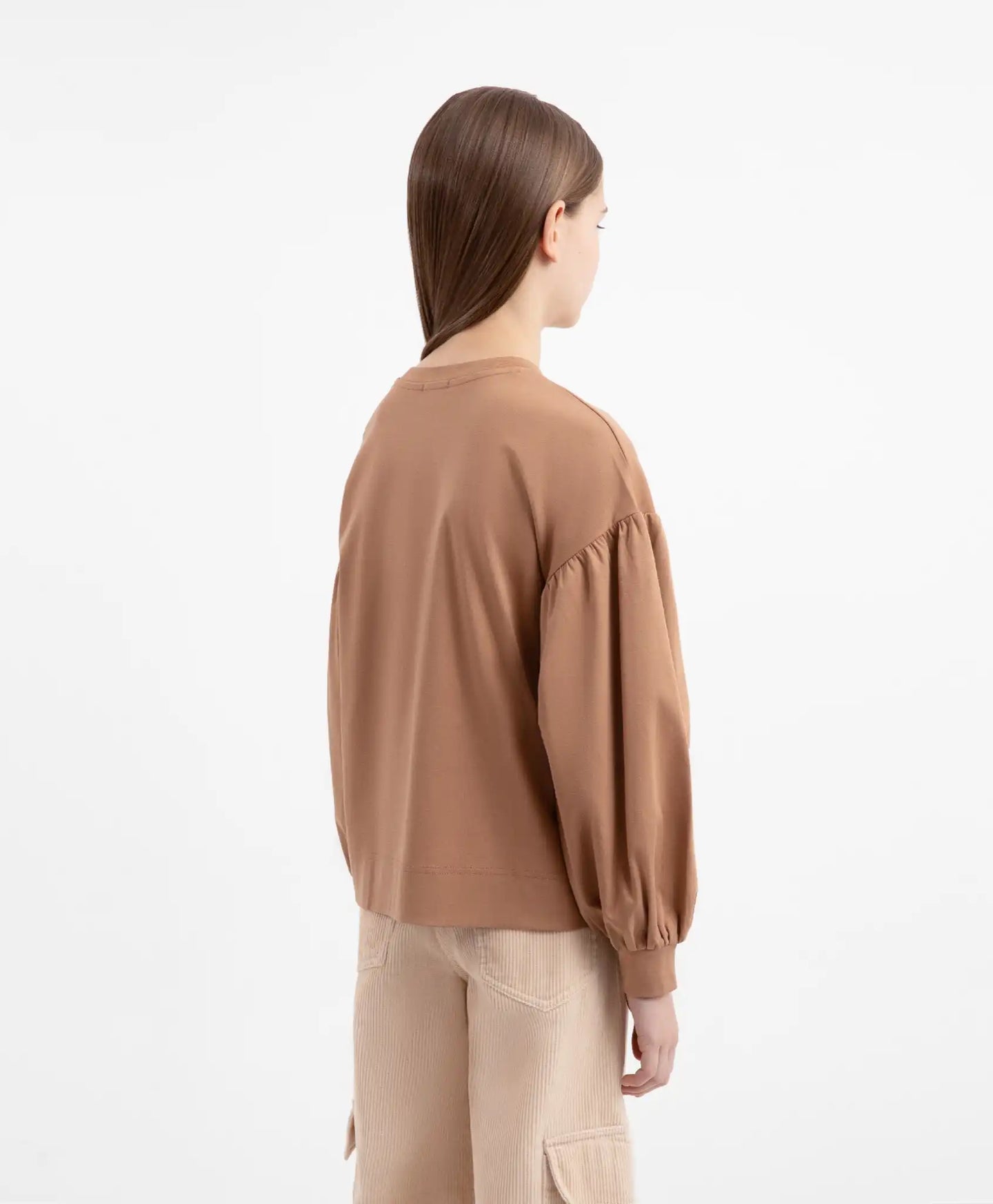 Longsleeve tricotat cu mâneci voluminoase și imprimeu maro pentru fete Gulliver