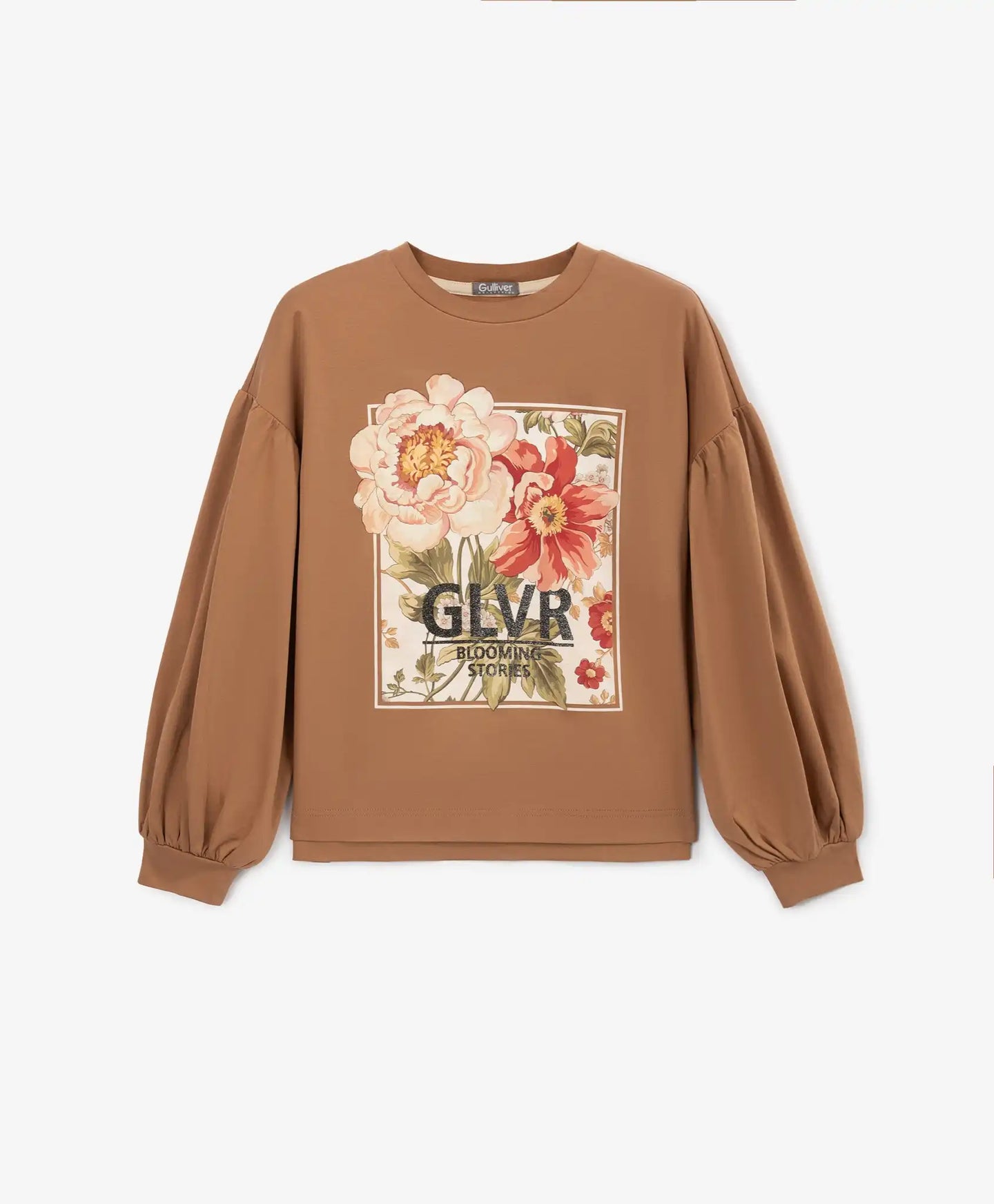 Longsleeve tricotat cu mâneci voluminoase și imprimeu maro pentru fete Gulliver