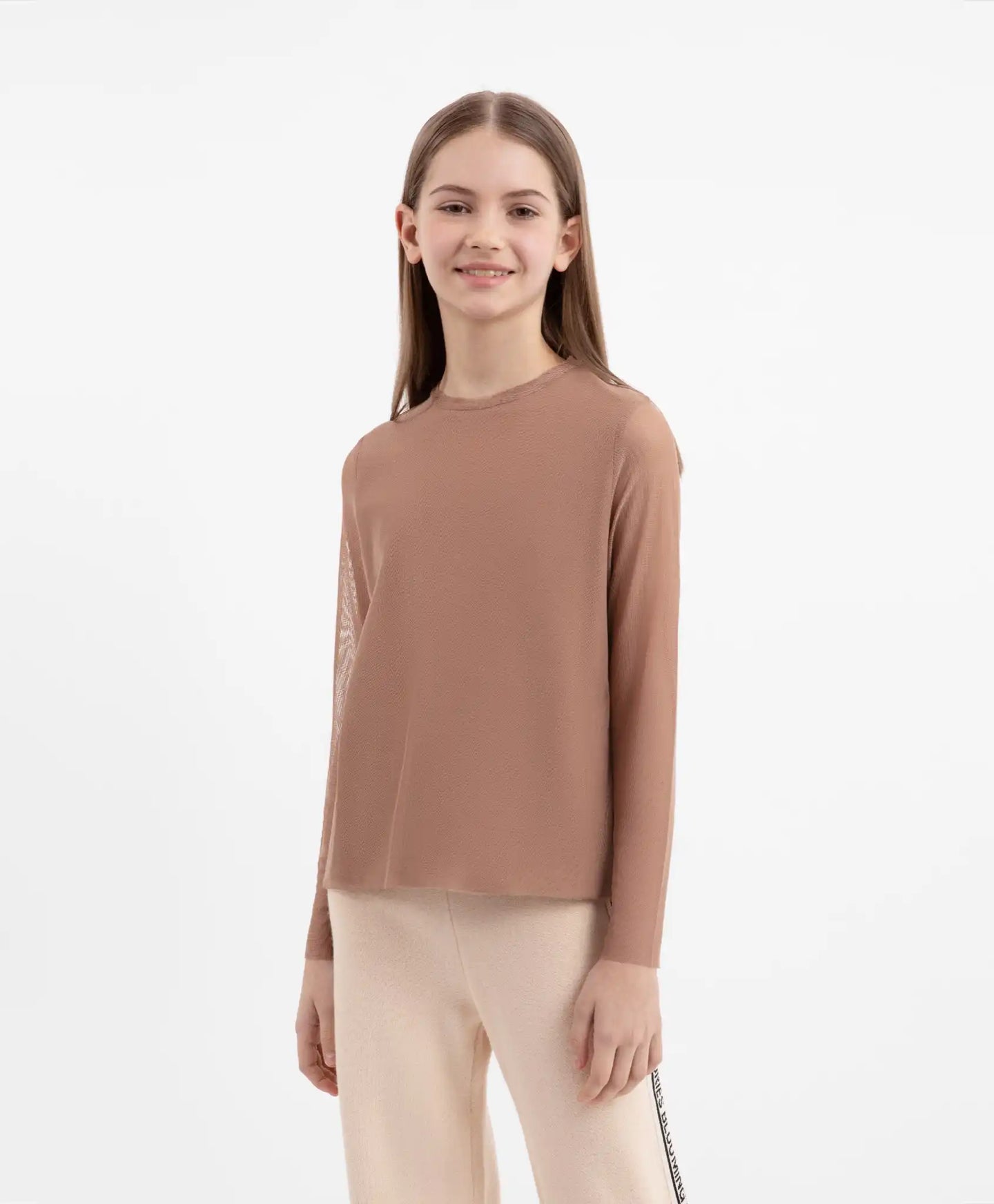 Longsleeve tricotat și din plasă combinat maro pentru fete Gulliver