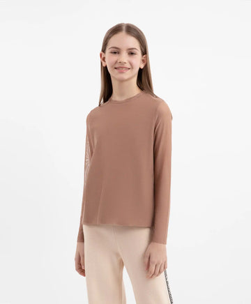 Longsleeve tricotat și din plasă combinat maro pentru fete Gulliver