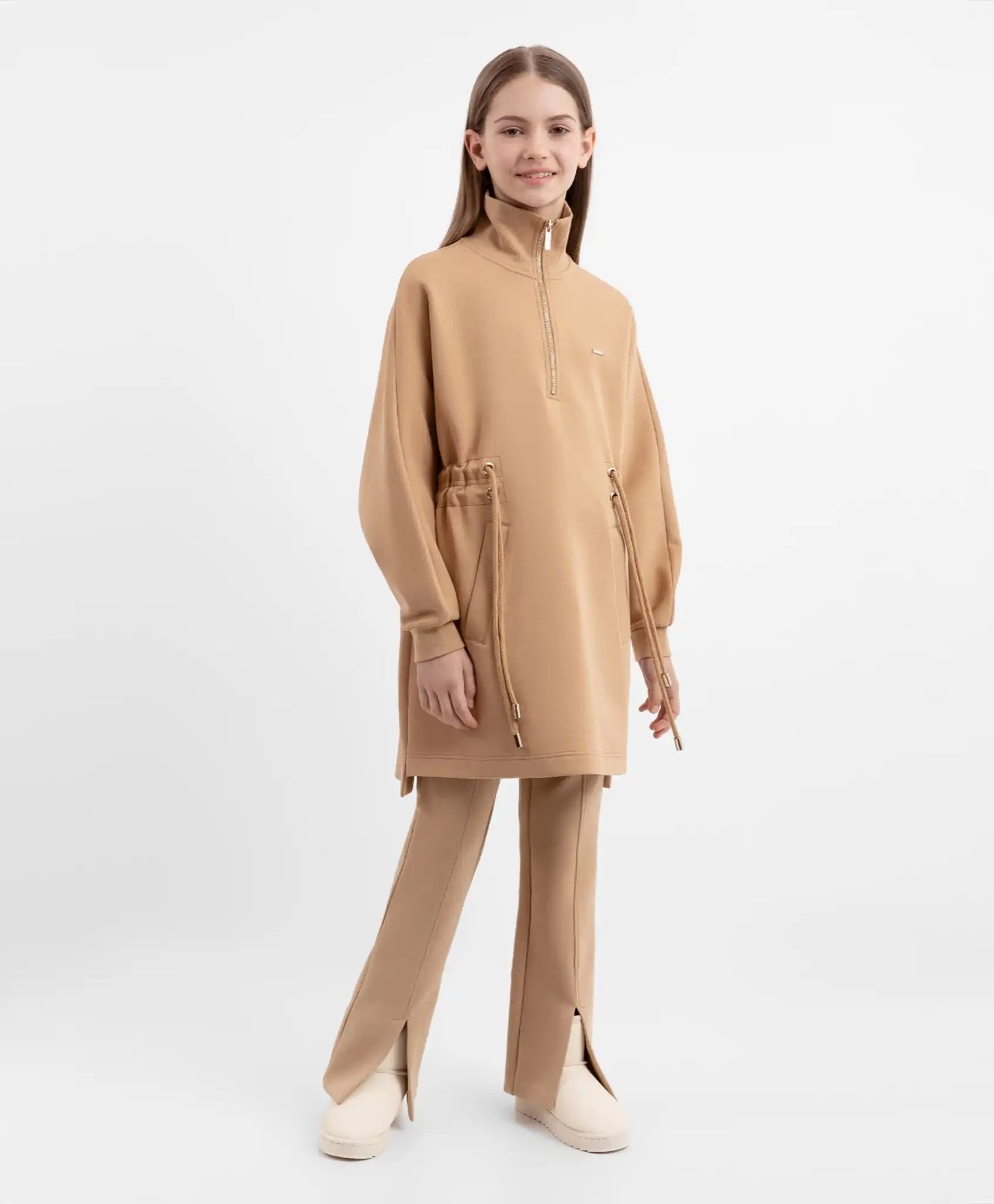 Rochie tricotată cu mâneci lungi și guler cu fermoar, maro, pentru fete de la Gulliver