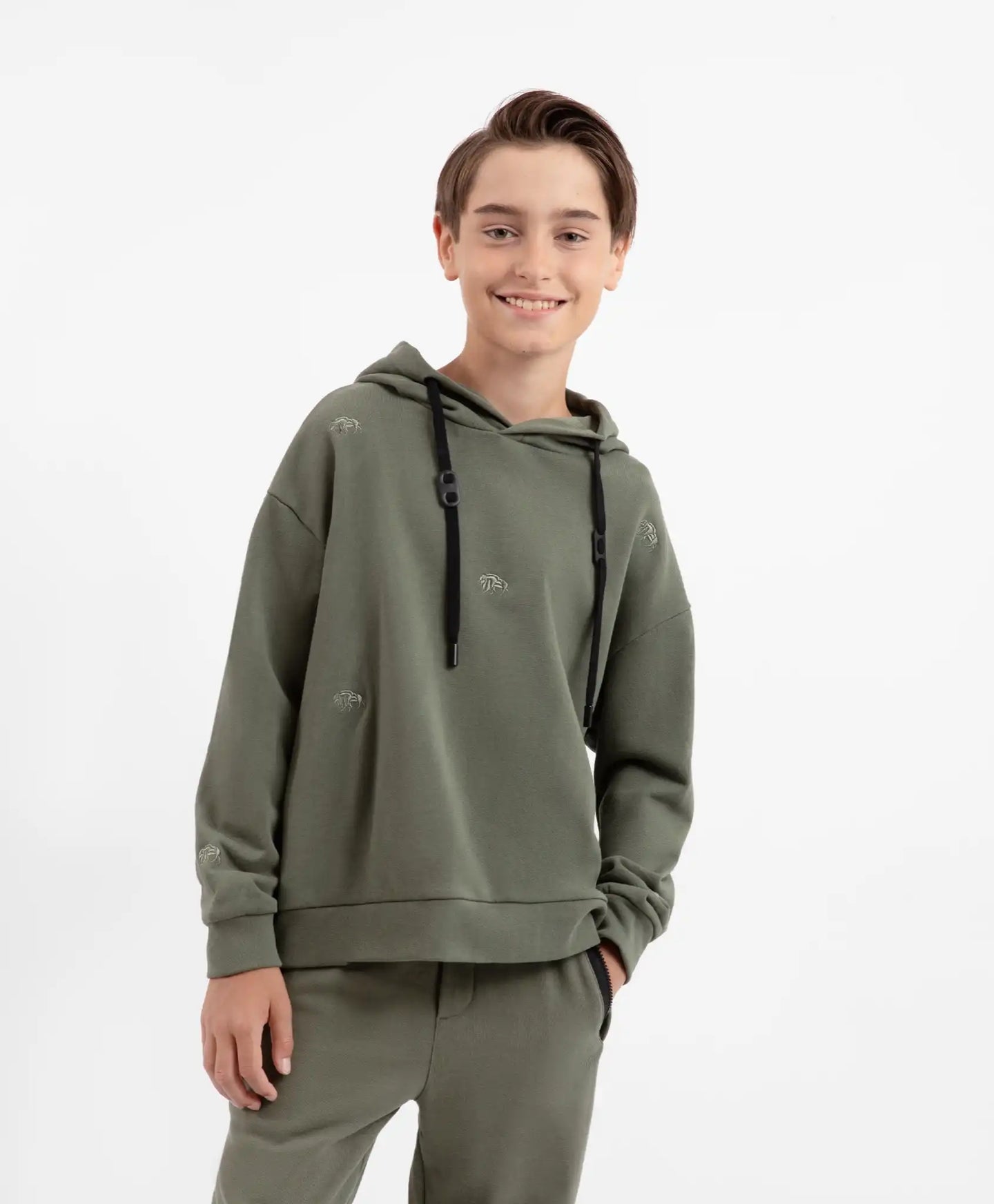 Hoodie oversized din material fleece cu broderii în culoare kaki pentru băieți Gulliver