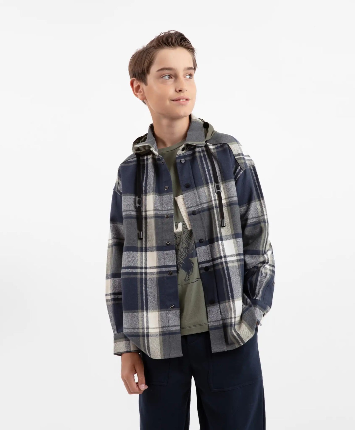 Cămașă flanelată oversized cu mâneci lungi și glugă din material carouri pentru băiat Gulliver