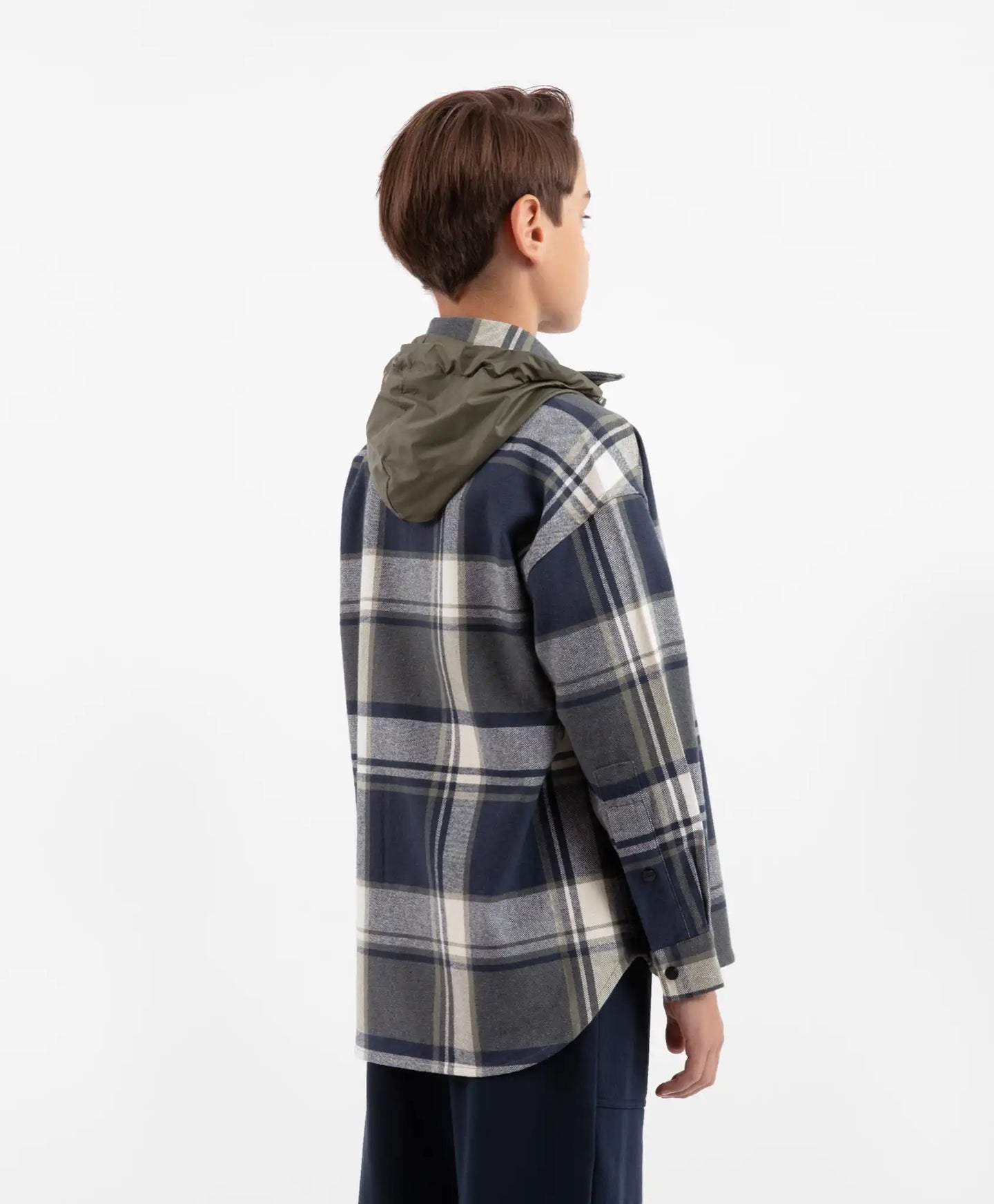 Cămașă flanelată oversized cu mâneci lungi și glugă din material carouri pentru băiat Gulliver