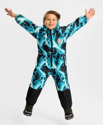 Salopetă impermeabilă de sezon intermediar cu glugă, bretele cusute și imprimeu multicolor, pentru băiat, Button Blue