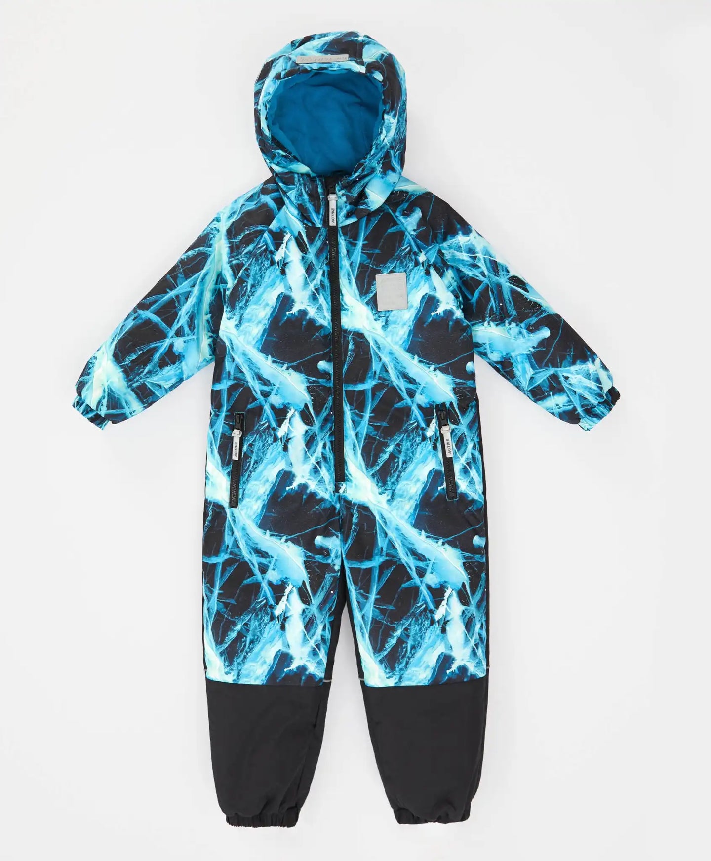 Salopetă impermeabilă de sezon intermediar cu glugă, bretele cusute și imprimeu multicolor, pentru băiat, Button Blue