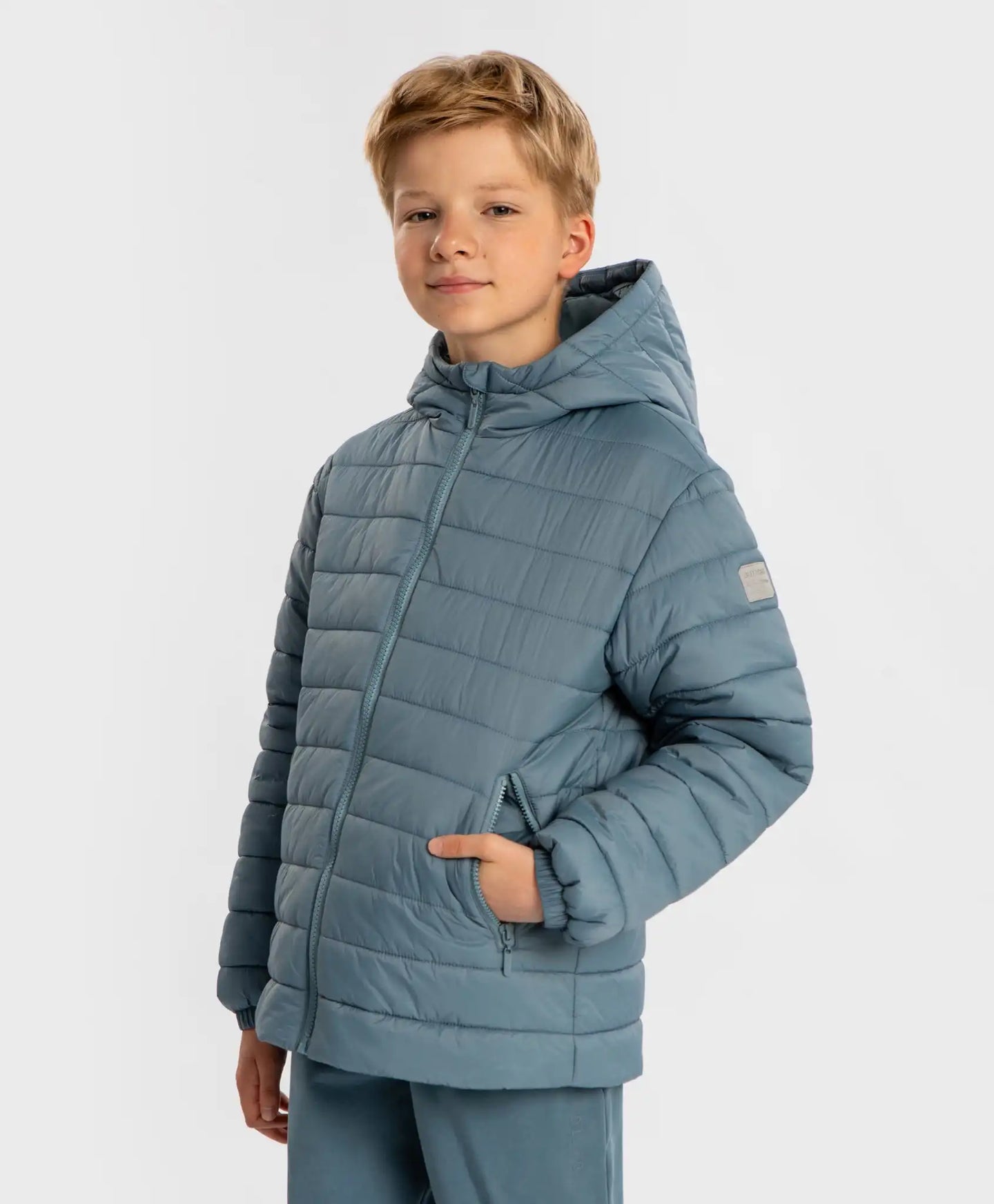 Geacă de sezon intermediar cu glugă, matlasată, albastră, pentru copii, Button Blue