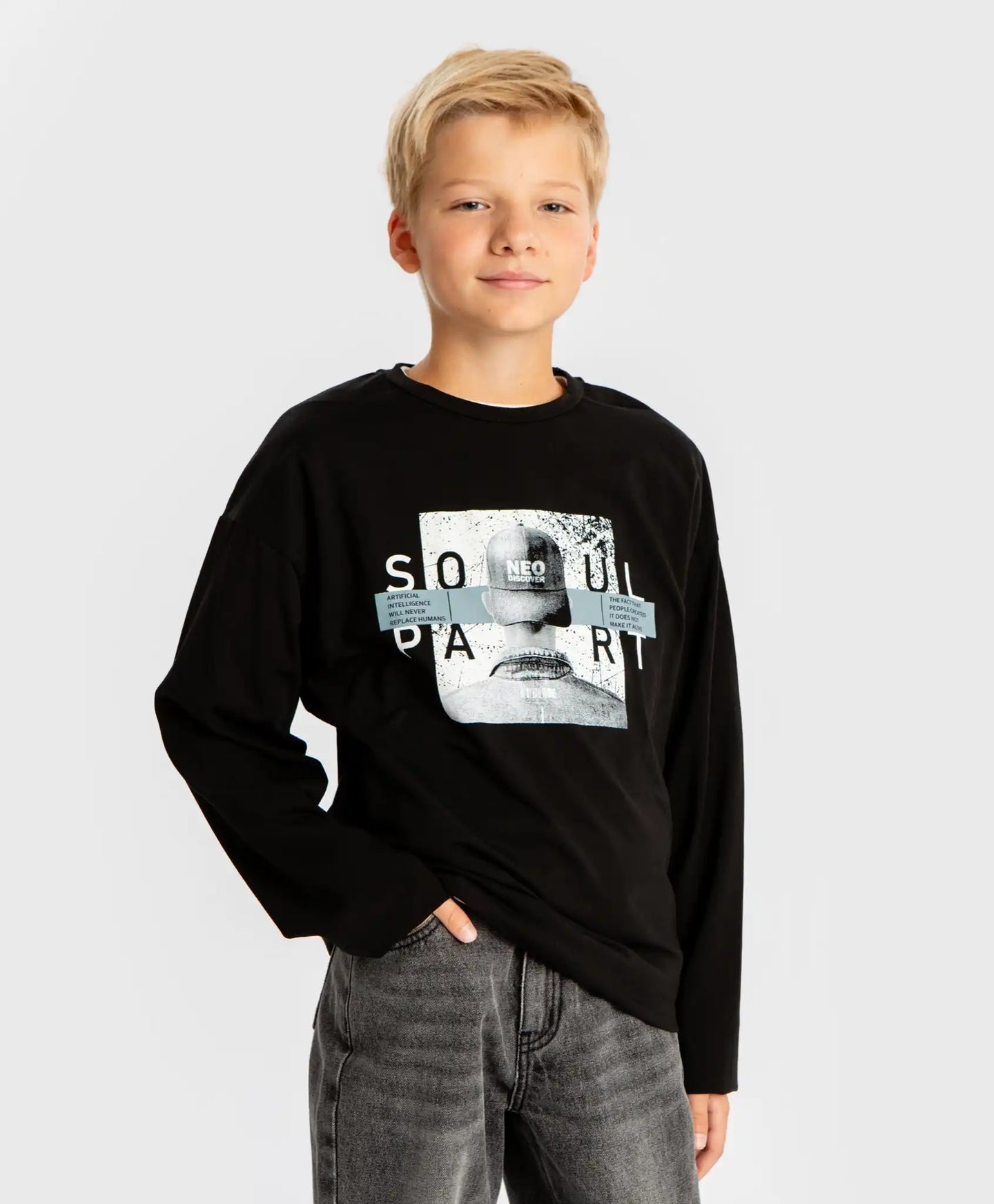 Longsleeve cu imprimeu, negru, pentru băiat, Button Blue