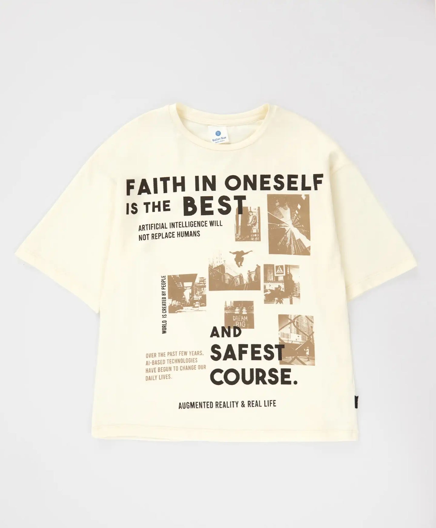 Tricou cu mânecă scurtă și imprimeu, crem, pentru băiat, Button Blue