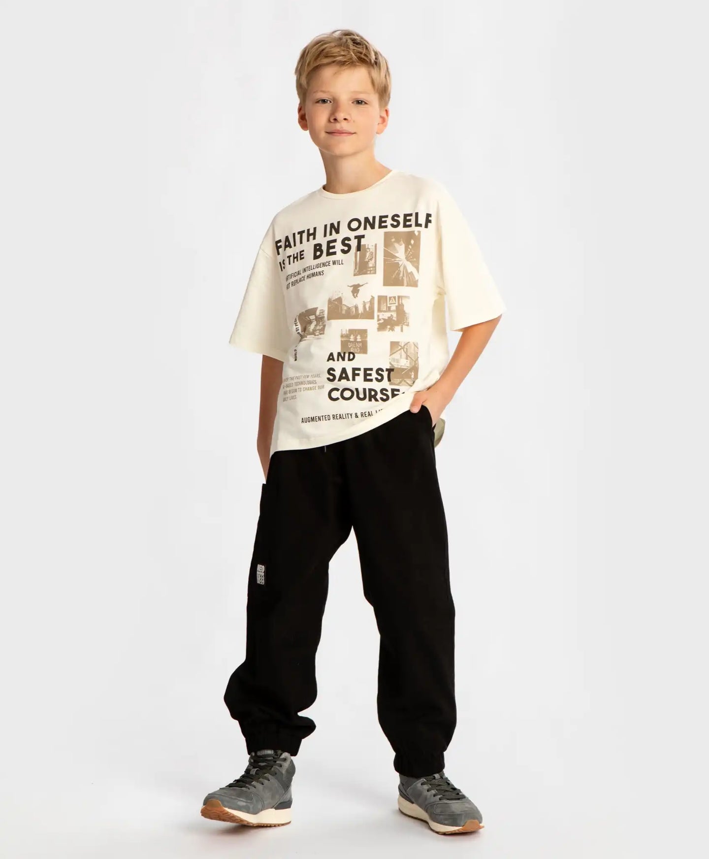 Tricou cu mânecă scurtă și imprimeu, crem, pentru băiat, Button Blue