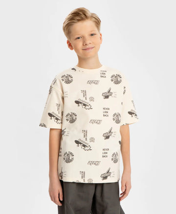 Tricou oversized cu mâneci scurte și imprimeu total crem pentru băieți Button Blue