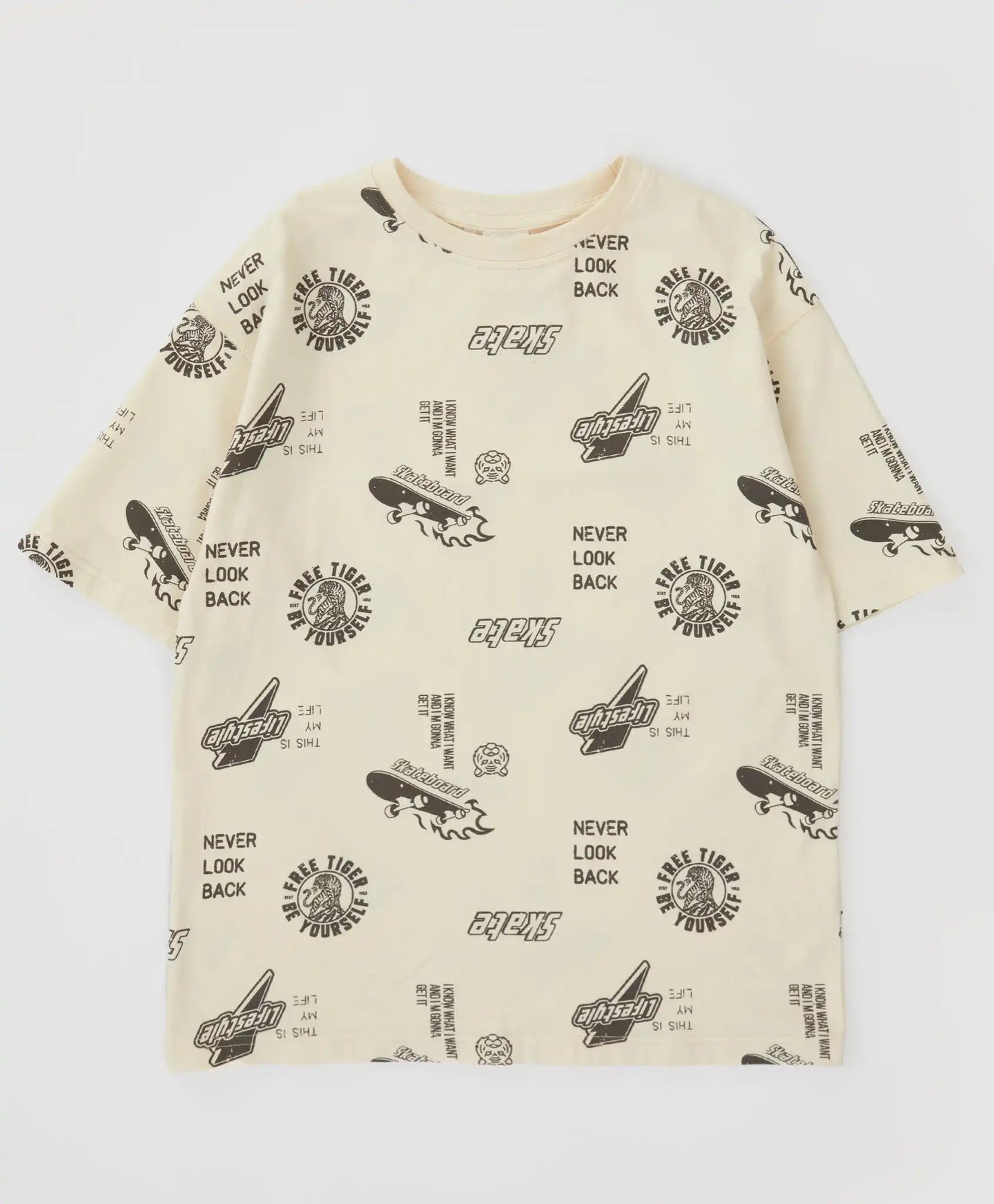 Tricou oversized cu mâneci scurte și imprimeu total crem pentru băieți Button Blue