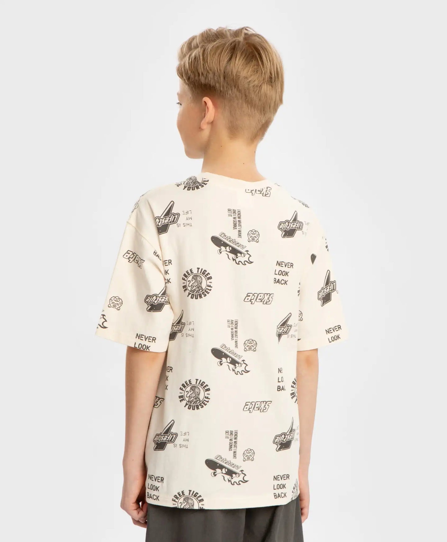 Tricou oversized cu mâneci scurte și imprimeu total crem pentru băieți Button Blue