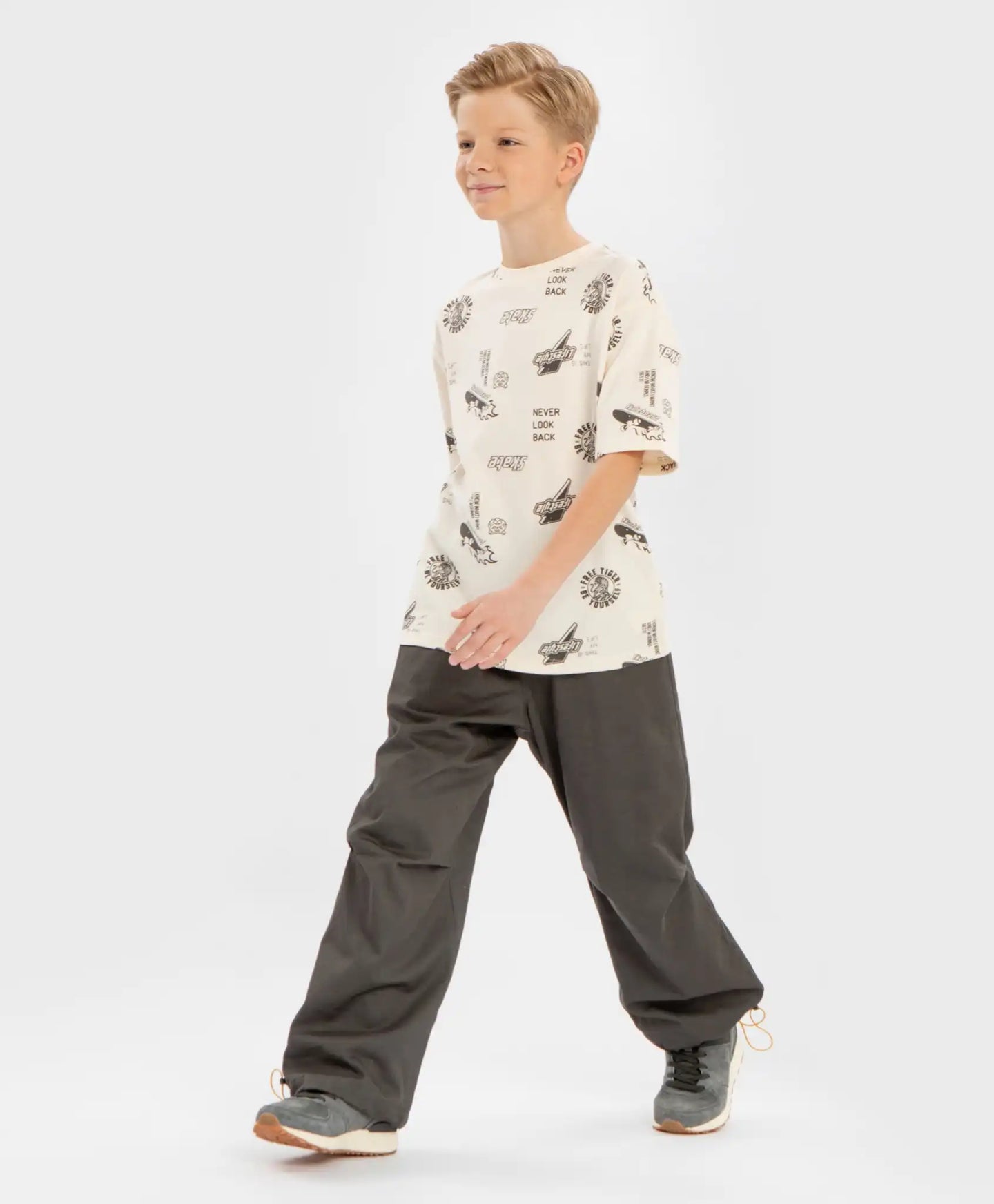 Tricou oversized cu mâneci scurte și imprimeu total crem pentru băieți Button Blue