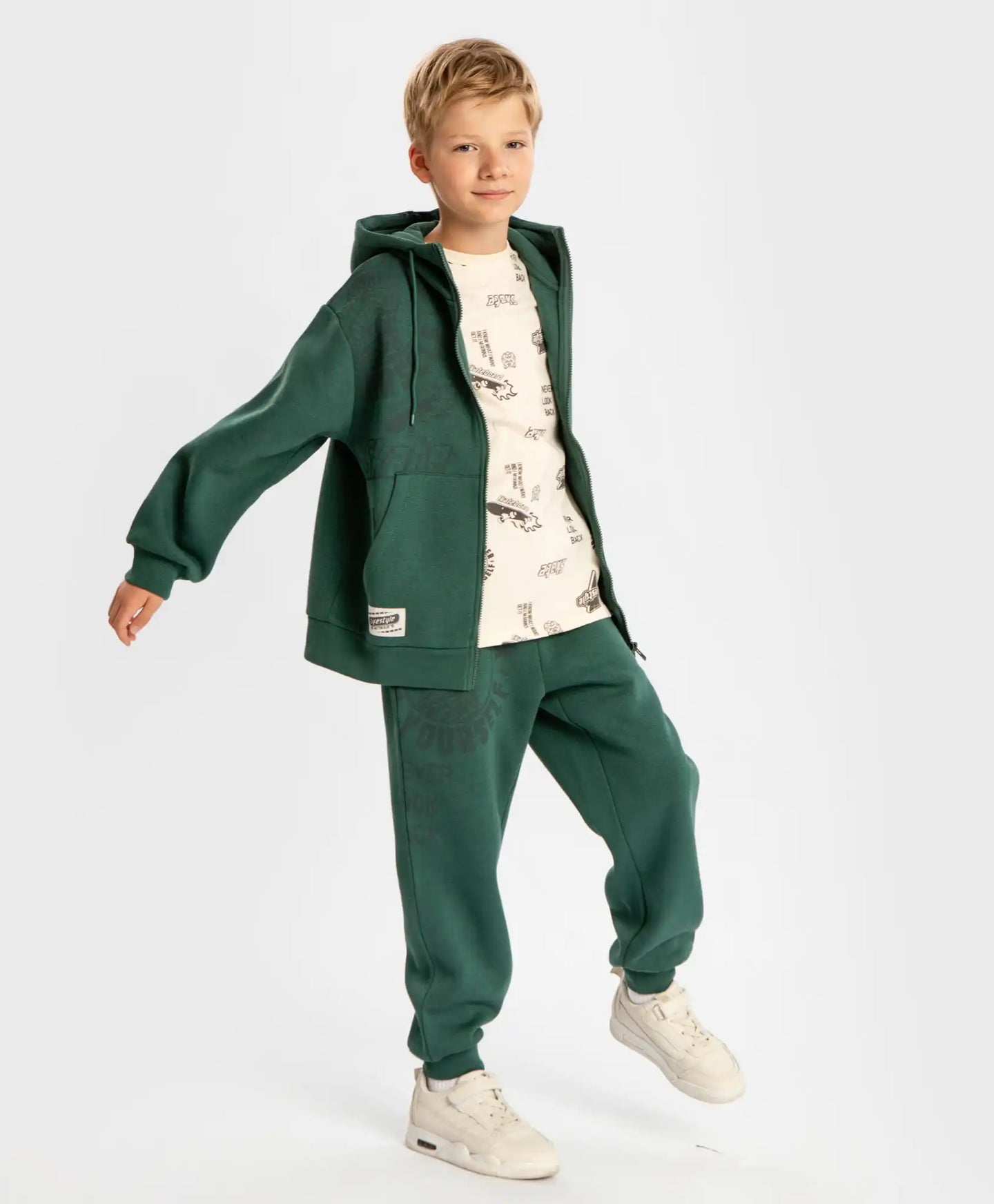 Hoodie căptușit cu fermoar, glugă și imprimeu verde pentru băieți Button Blue