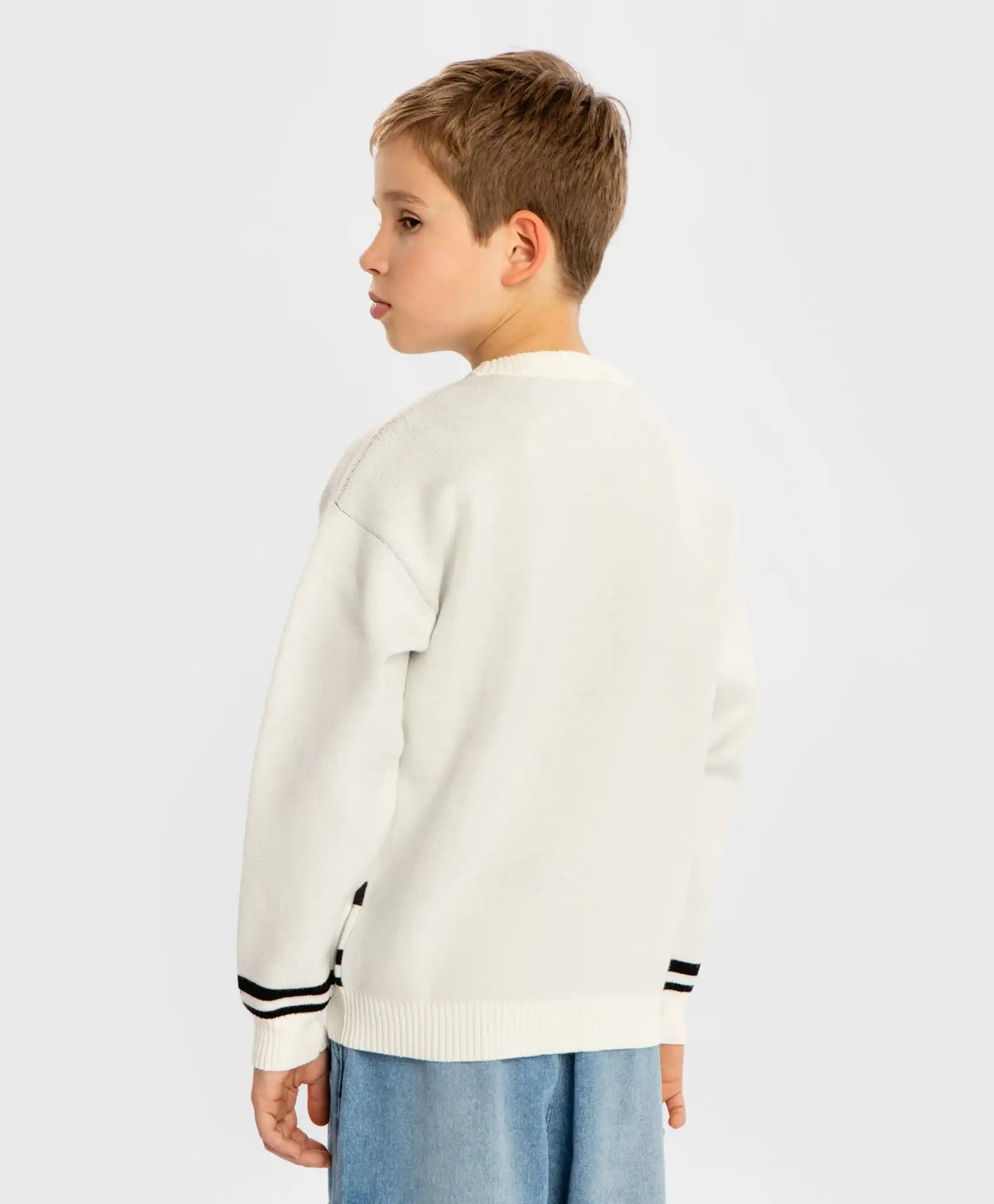 Pulover cu imprimeu jacquard pe tematică digitală, crem, pentru băiat, Button Blue