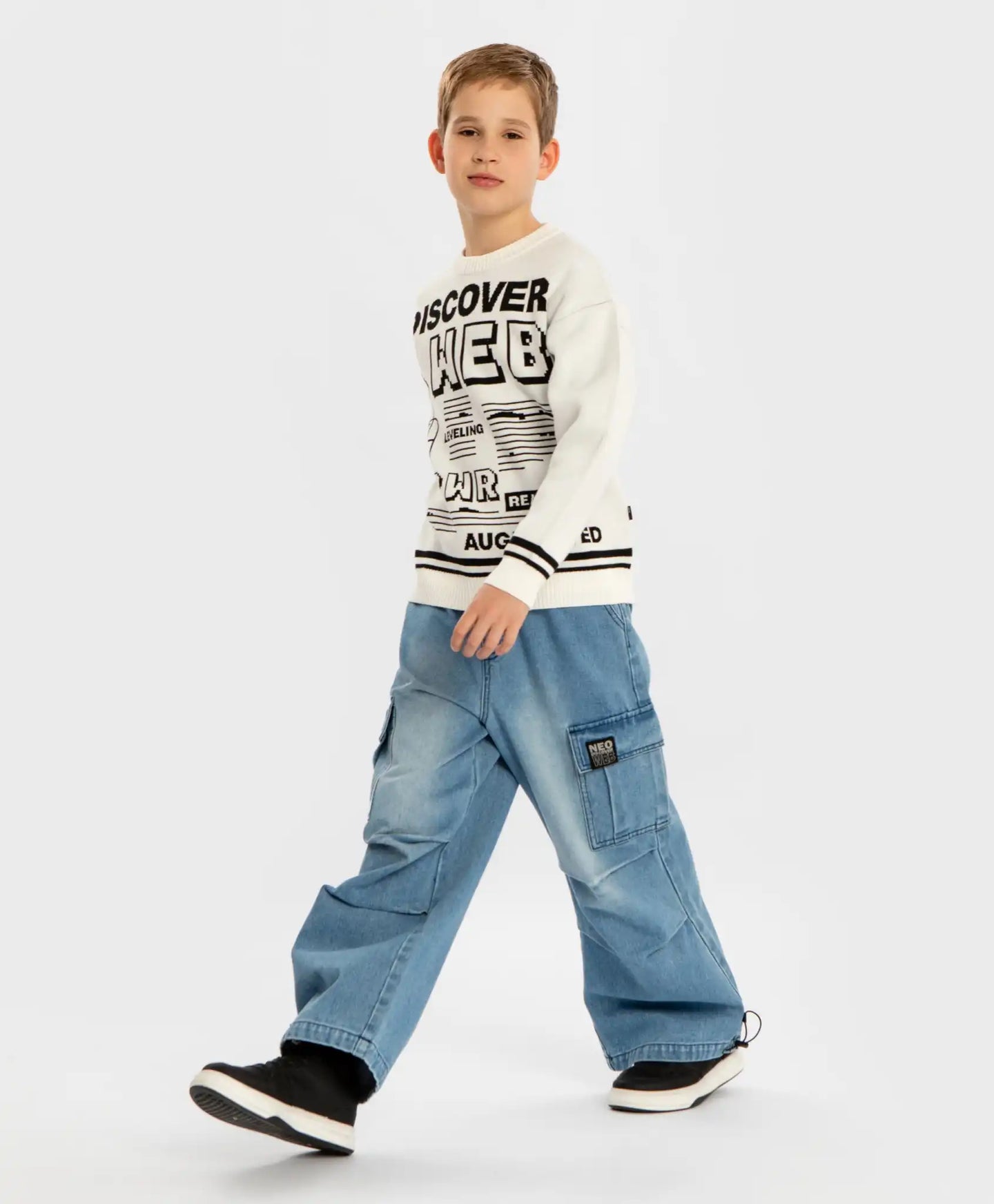 Pulover cu imprimeu jacquard pe tematică digitală, crem, pentru băiat, Button Blue