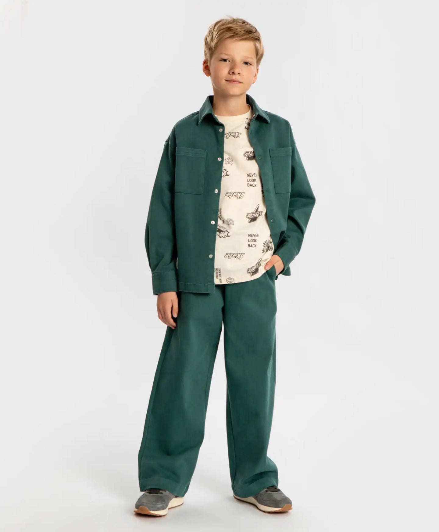 Pantaloni drepți, straight fit, cu talie elastică, verzi, pentru copii, Button Blue