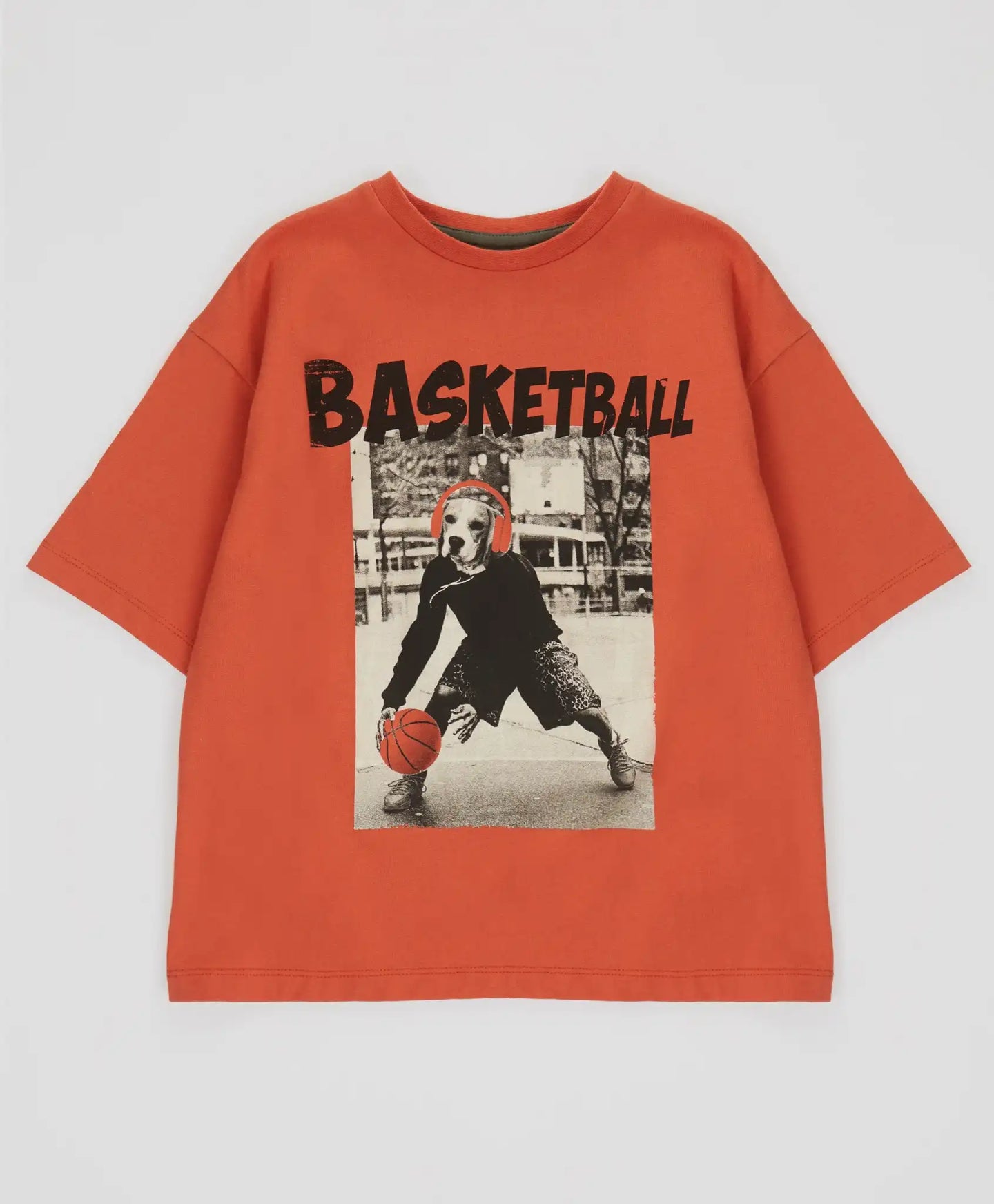 Tricou cu mâneci scurte și imprimeu de baschet portocaliu pentru băieți Button Blue