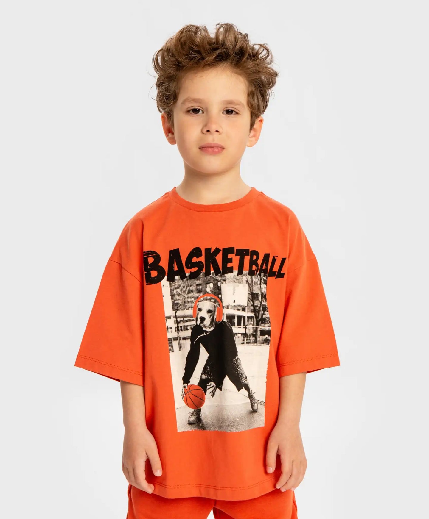 Tricou cu mâneci scurte și imprimeu de baschet portocaliu pentru băieți Button Blue