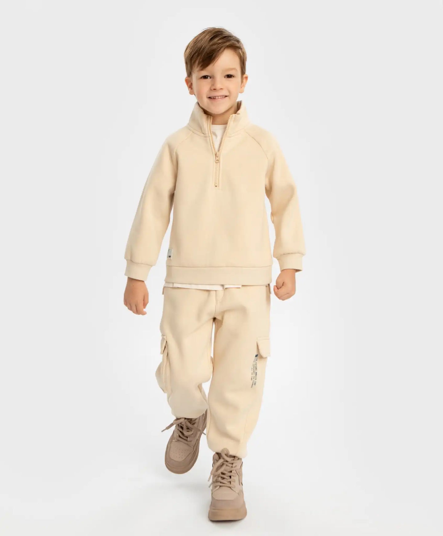 Hanorac căptușit cu guler și fermoar bej pentru băieți Button Blue