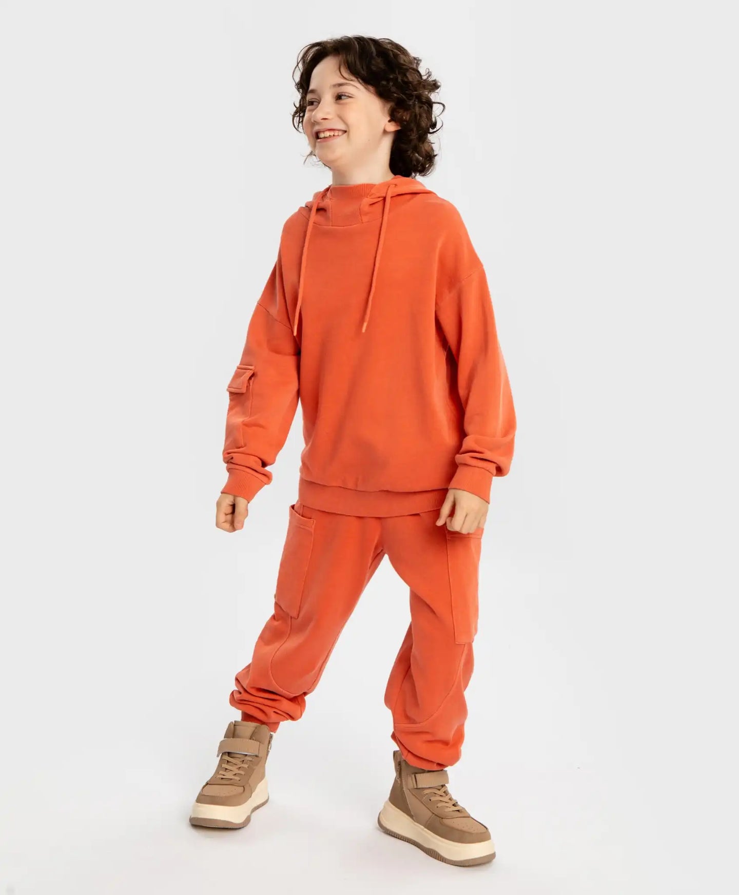 Hanorac fără fermoar cu glugă și buzunare portocaliu pentru copii Button Blue