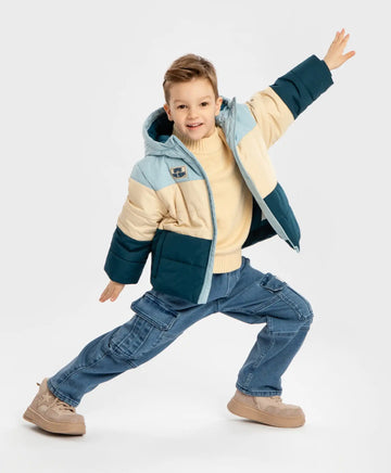 Geacă de sezon intermediar, rezistentă la apă, cu glugă și multicoloră pentru băiat, Button Blue