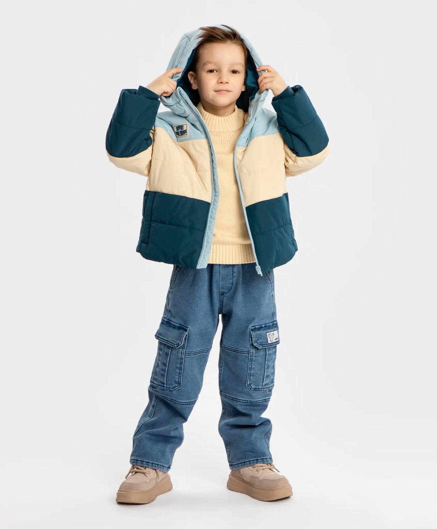 Geacă de sezon intermediar, rezistentă la apă, cu glugă și multicoloră pentru băiat, Button Blue