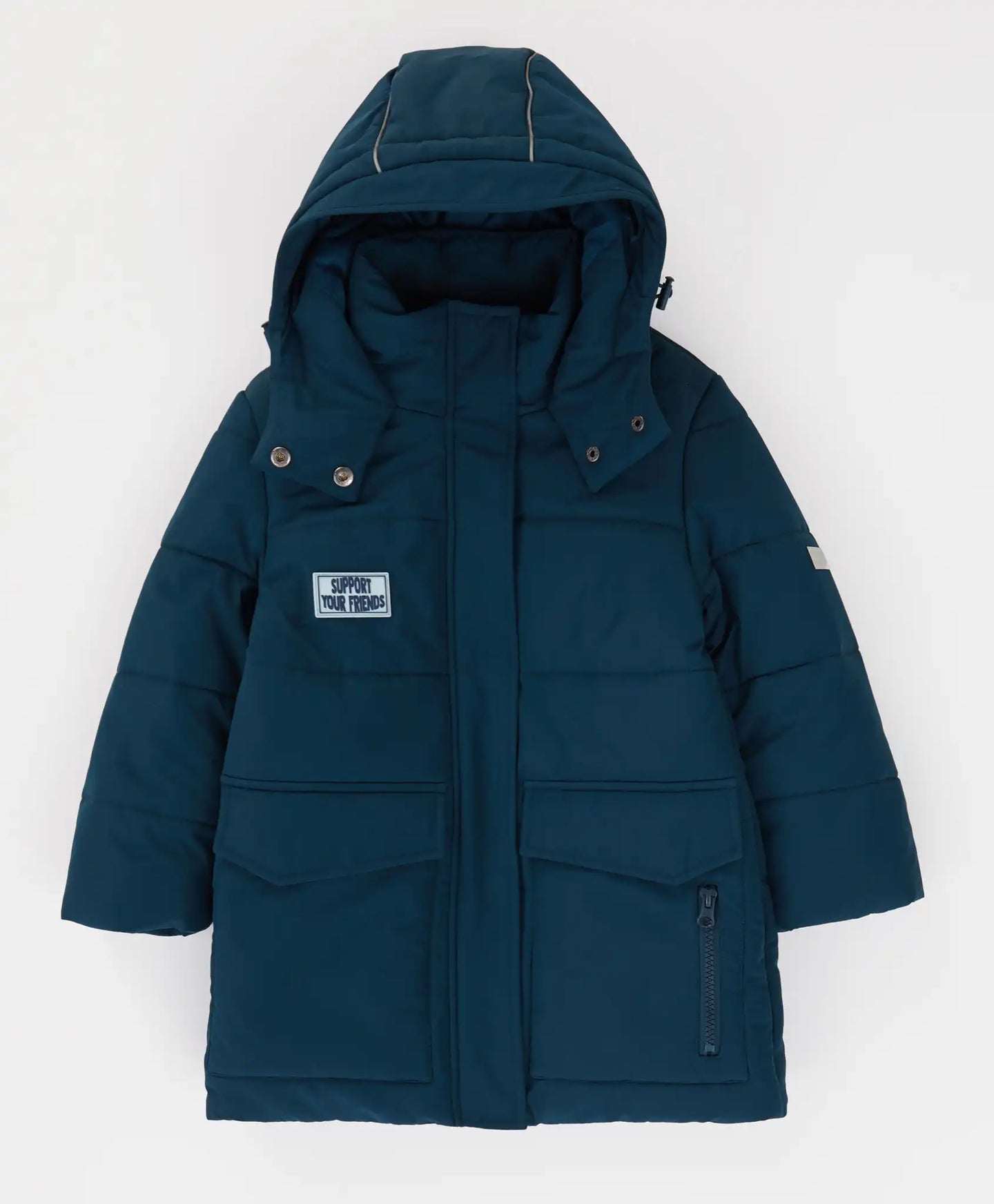 Palton semilung de sezon intermediar cu glugă și manșete albastre pentru băiat, Button Blue