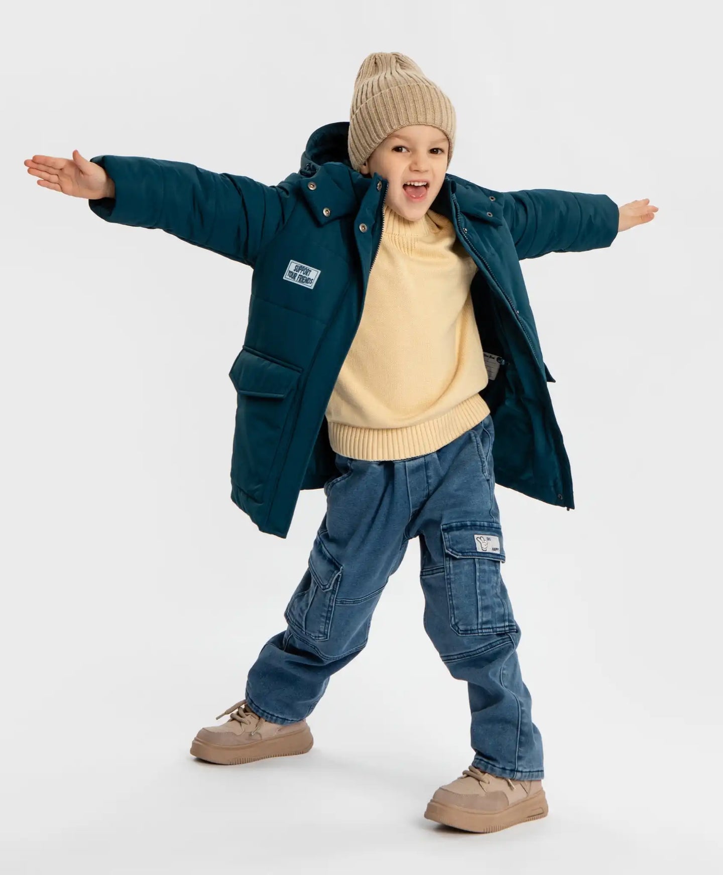 Palton semilung de sezon intermediar cu glugă și manșete albastre pentru băiat, Button Blue