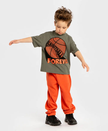 Pantaloni cu buzunare și talie elastică, portocalii, pentru băiat, Button Blue