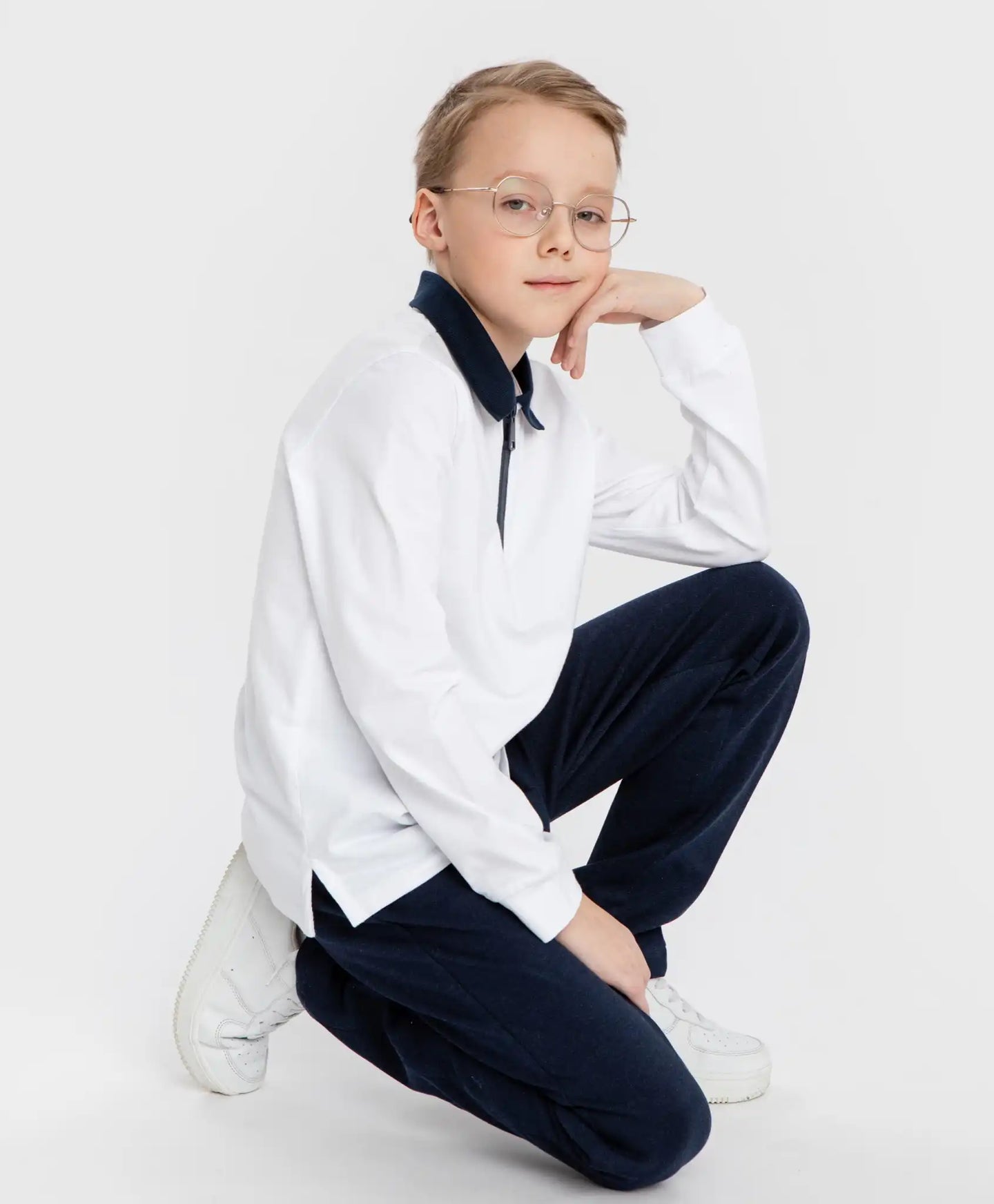 Polo cu guler și fermoar, alb, Button Blue