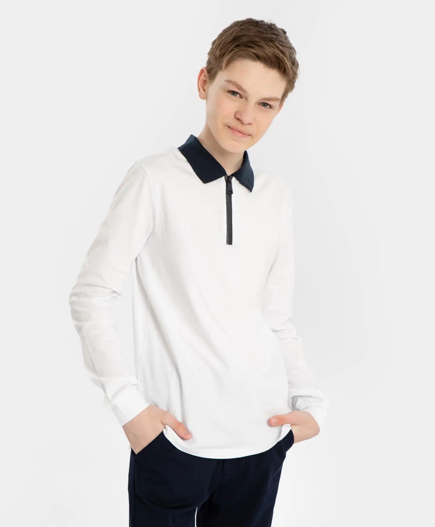 Polo cu guler și fermoar, alb, Button Blue