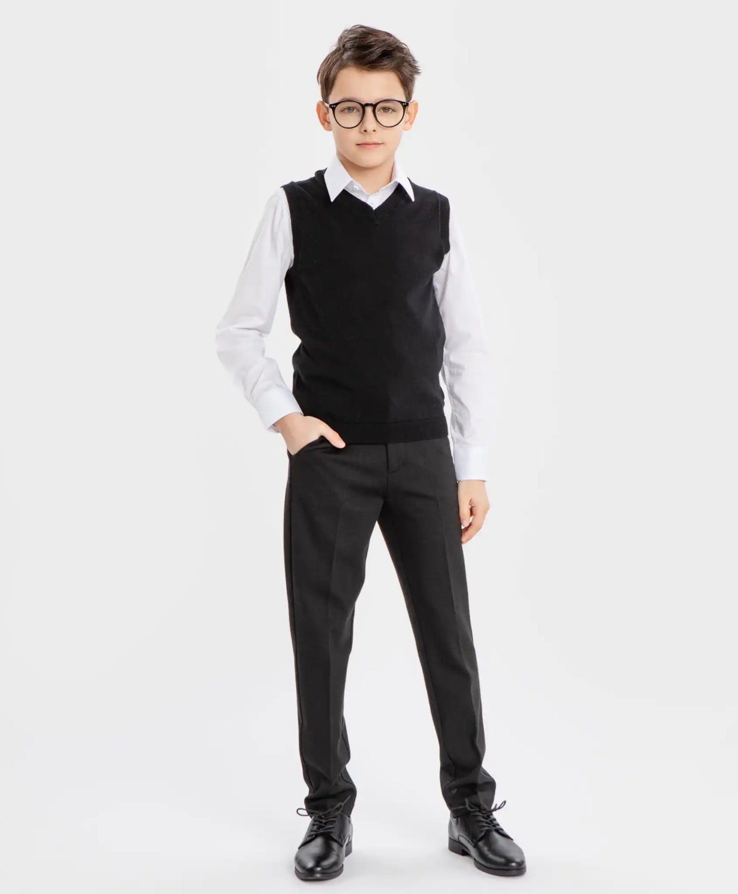 Pantaloni cu dungi presate, negri, pentru băiat, Button Blue