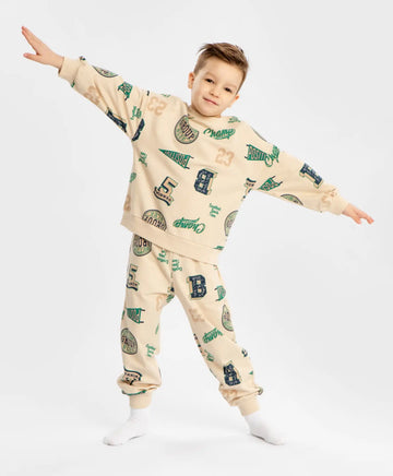 Pijamale cu joggeri și hanorac cu imprimeu, bej, pentru băiat, Button Blue
