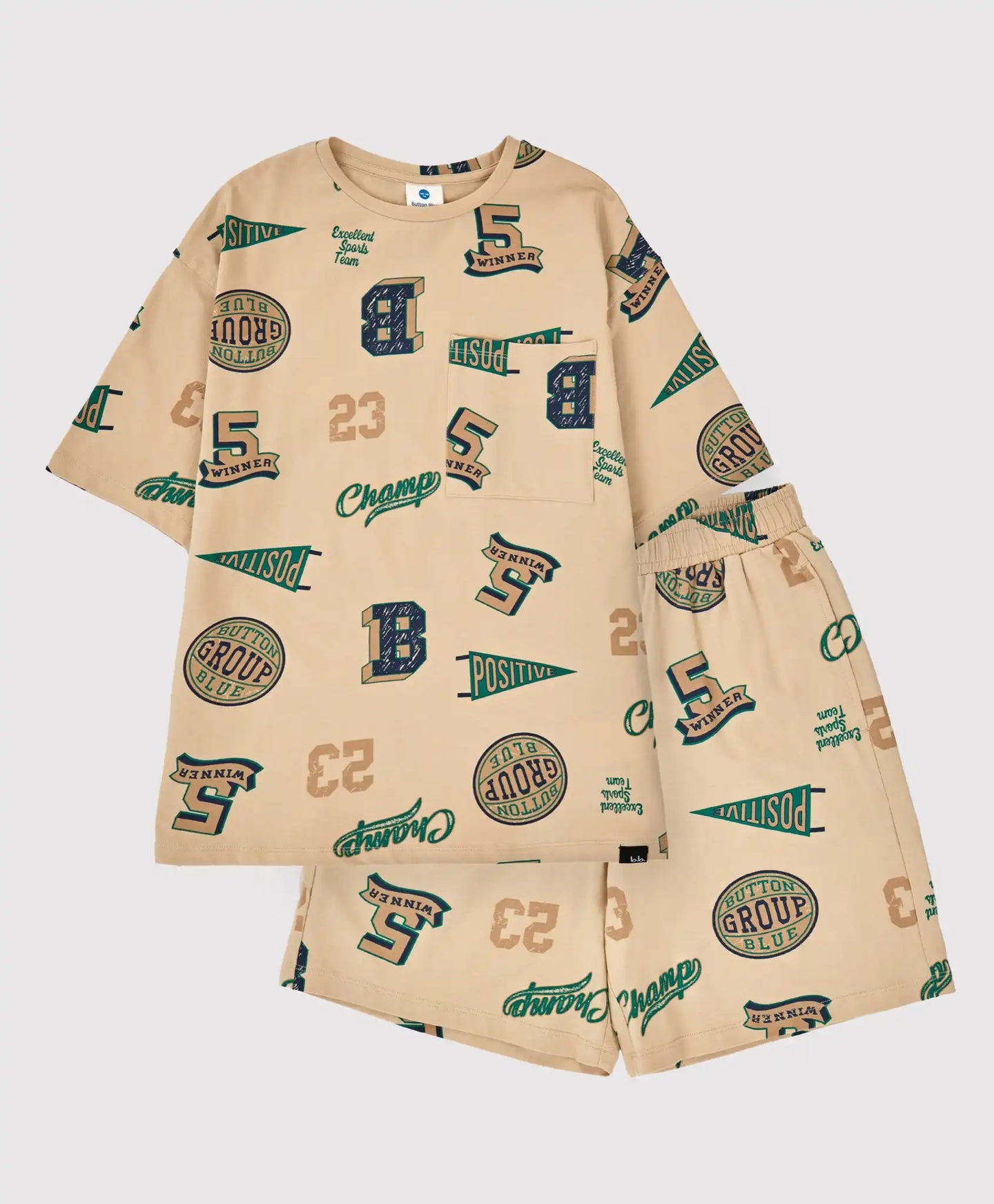 Pijamale cu pantaloni scurți și tricou cu imprimeu, bej, pentru băiat, Button Blue