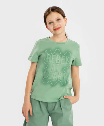 Tricou cu mâneci scurte și imprimeu reliefat verde pentru fete Button Blue